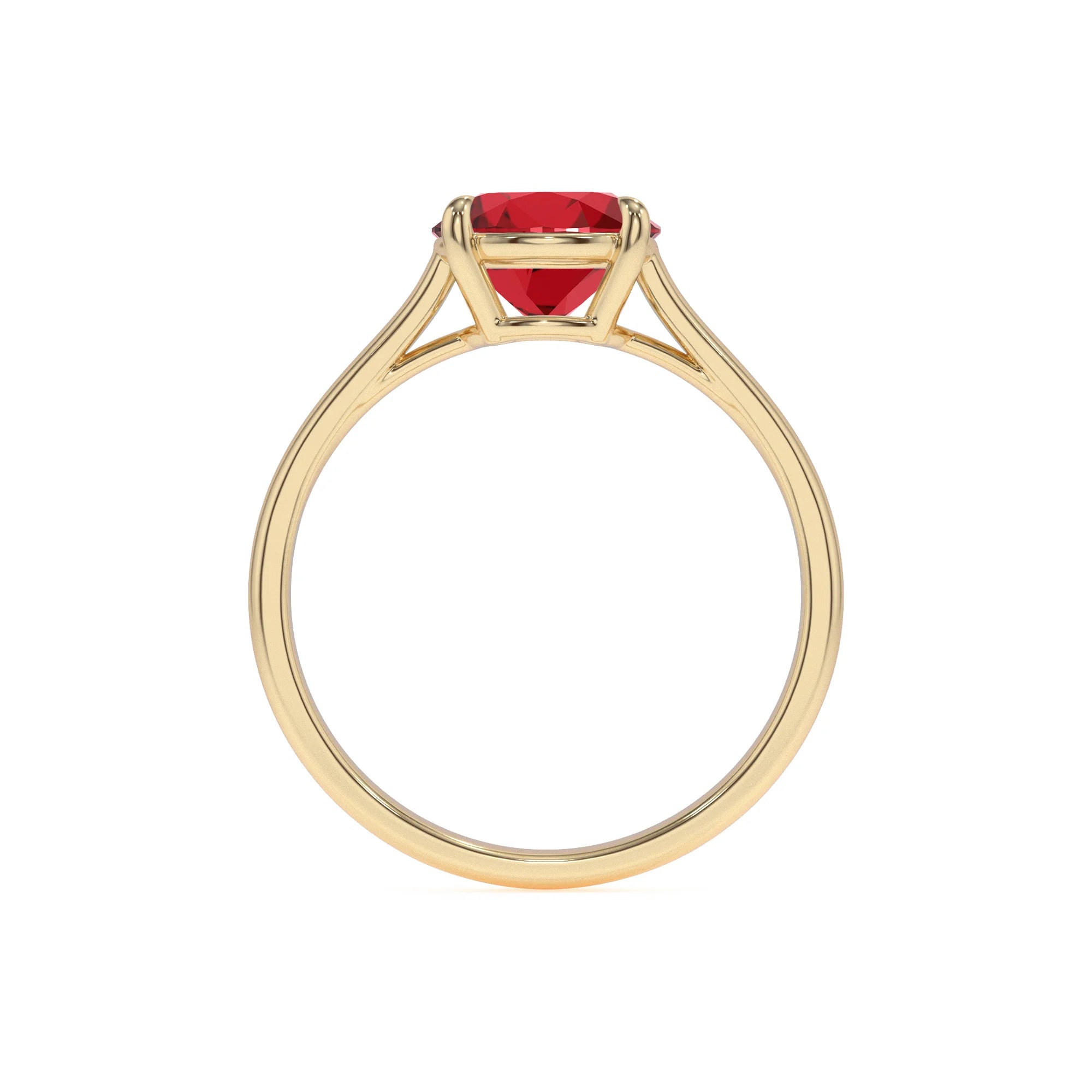 lab grown ruby round solitaire rings in yellow gold 