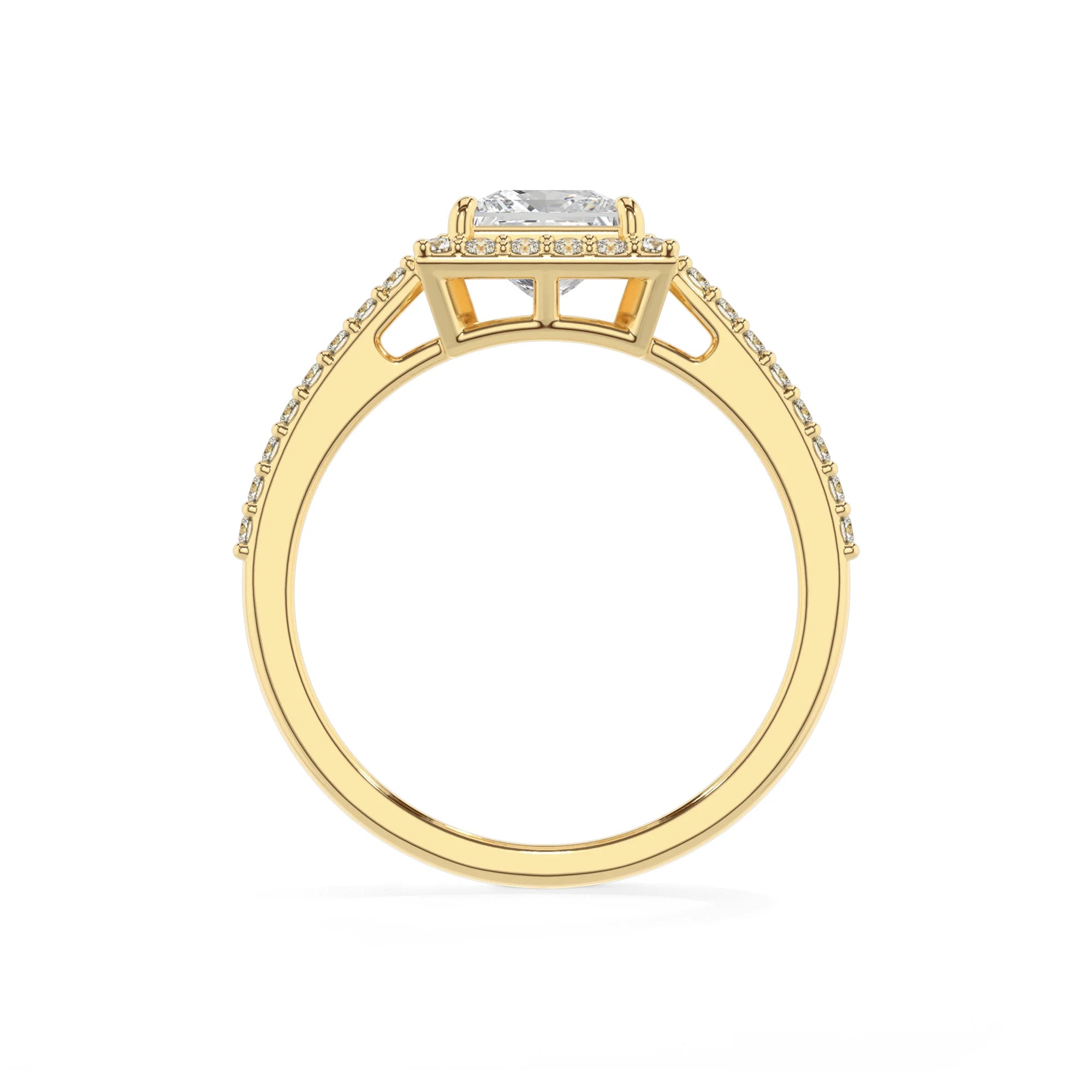 lab grown moissanite princess solitaire rings in yellow gold 