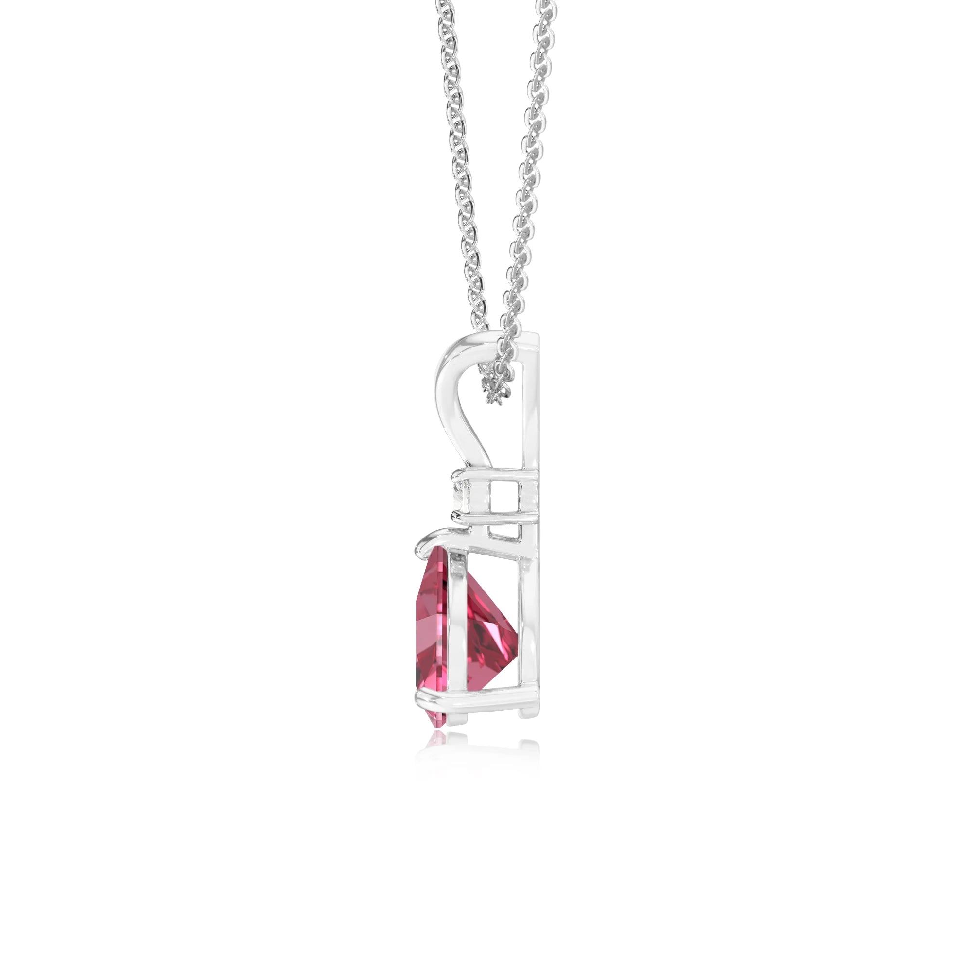 lab grown pink-tourmaline trillion solitaire v-bale necklaces in white gold 