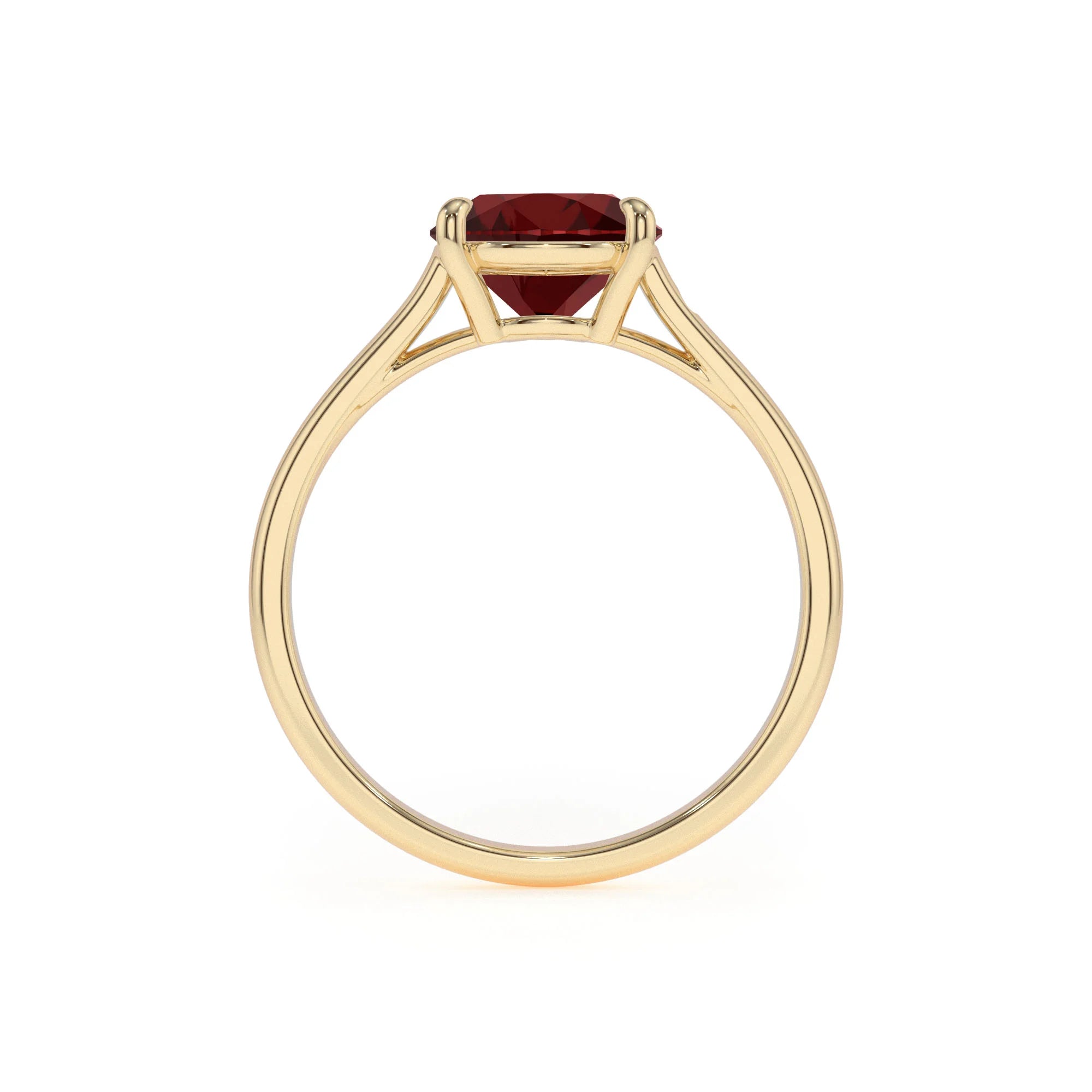 natural garnet cushion solitaire rings in yellow gold 