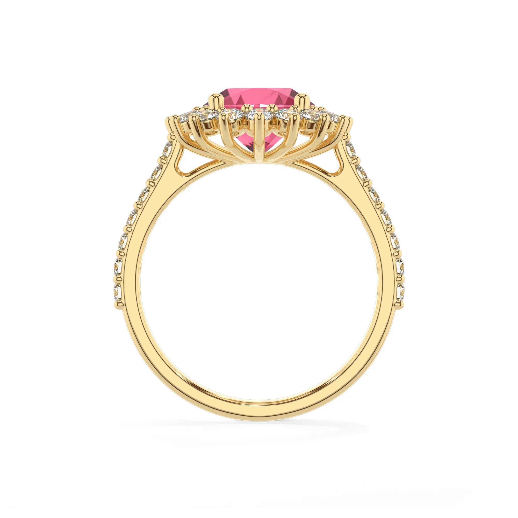 lab grown pink-tourmaline round solitaire rings in yellow gold 