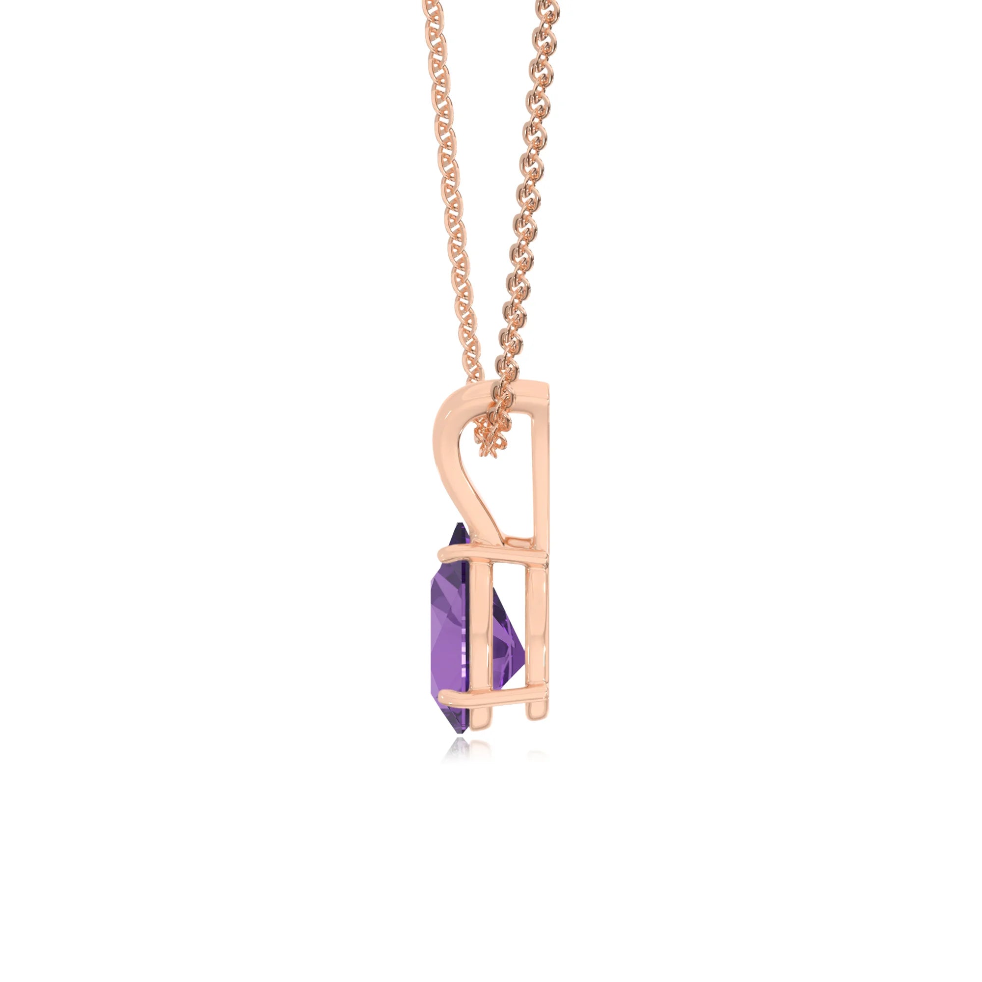 lab grown amethyst pear solitaire v-bale necklaces in rose gold 