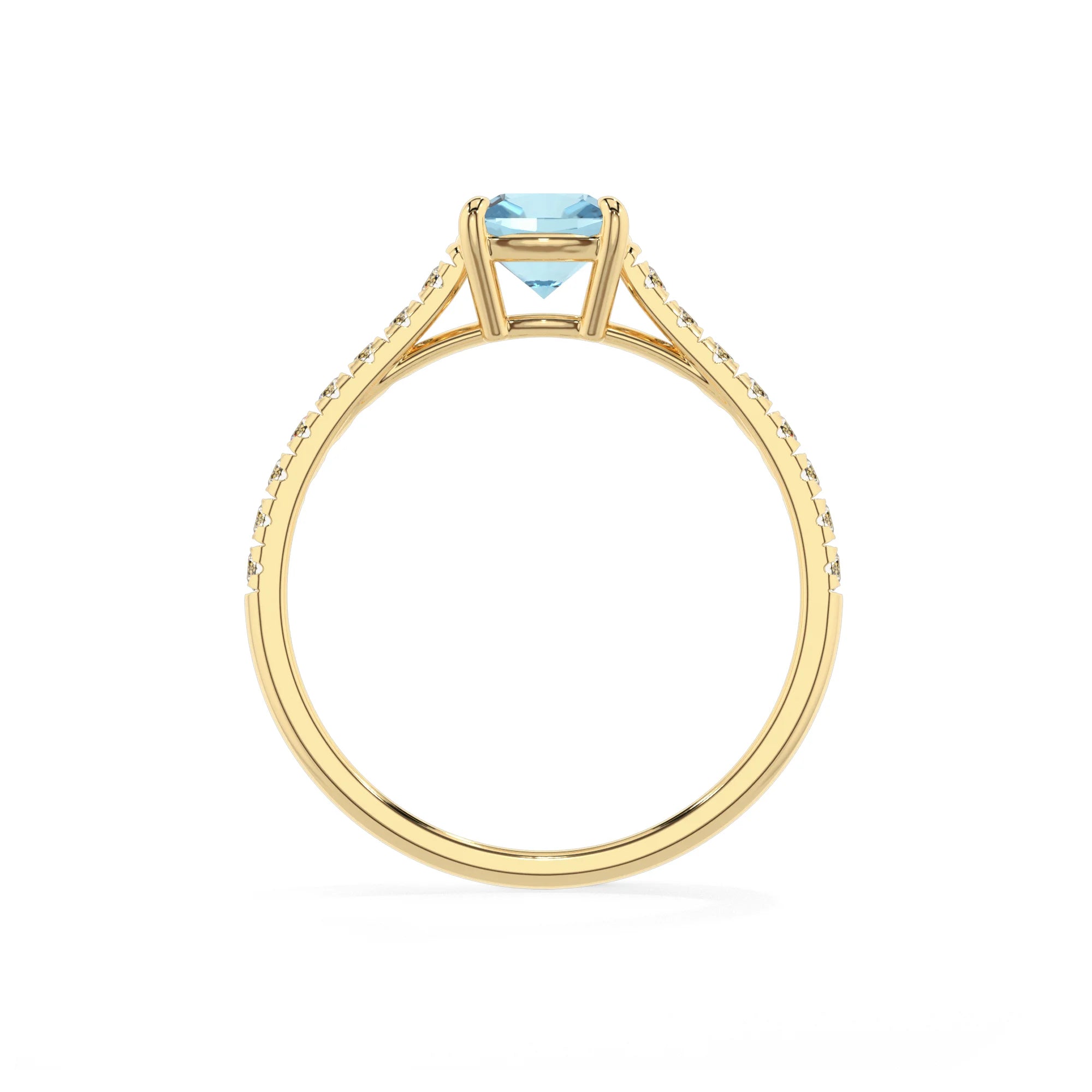 lab grown aquamarine cushion half eternity solitaire engagement rings in yellow gold 