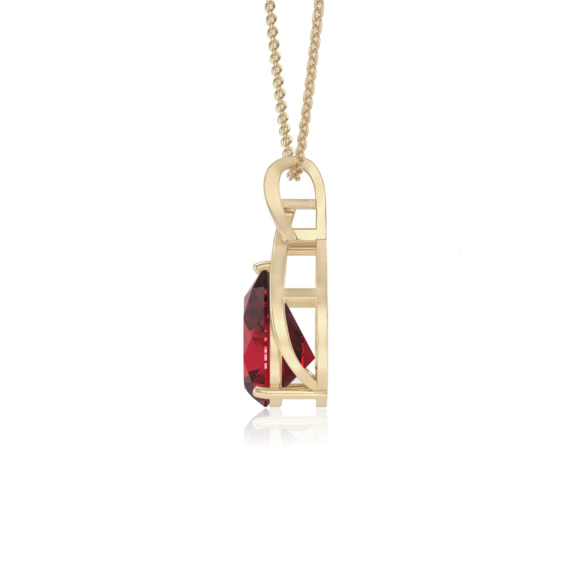 lab grown ruby pear solitaire necklaces in yellow gold 