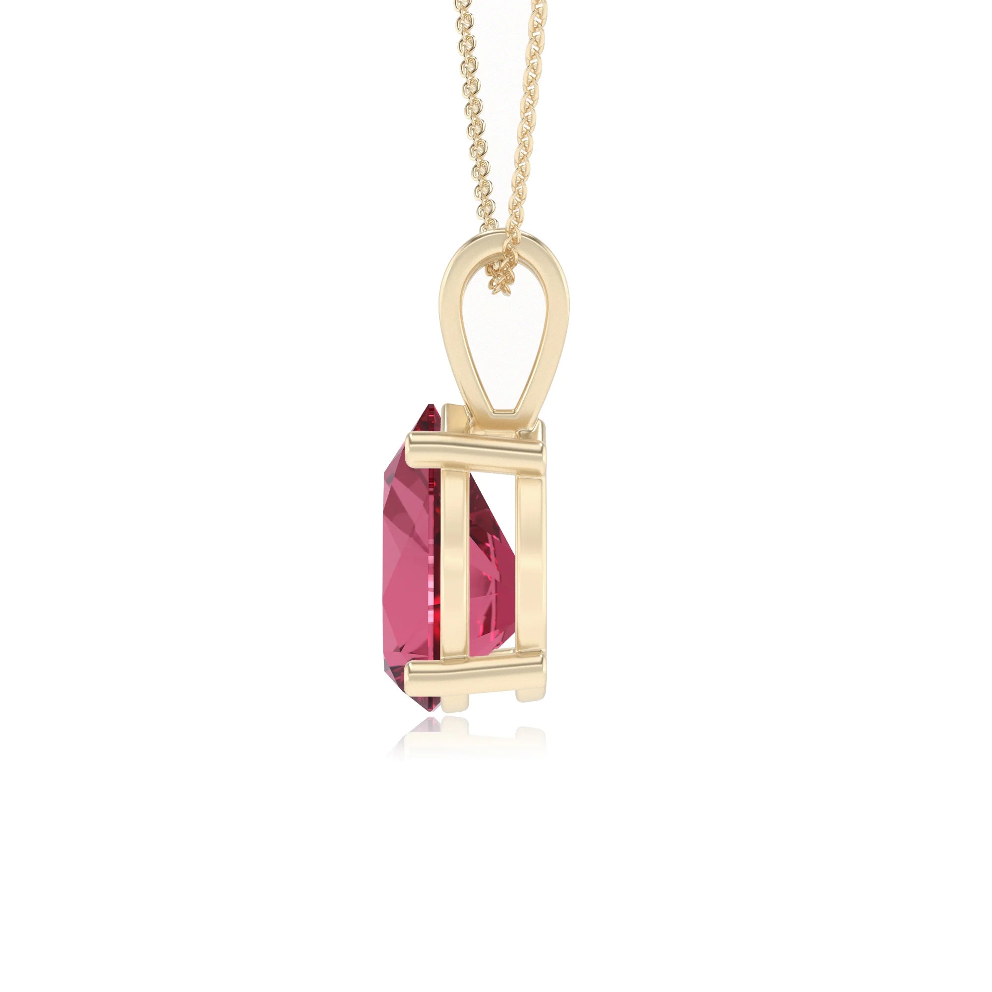 lab grown pink-tourmaline pear solitaire v-bale necklaces in yellow gold 