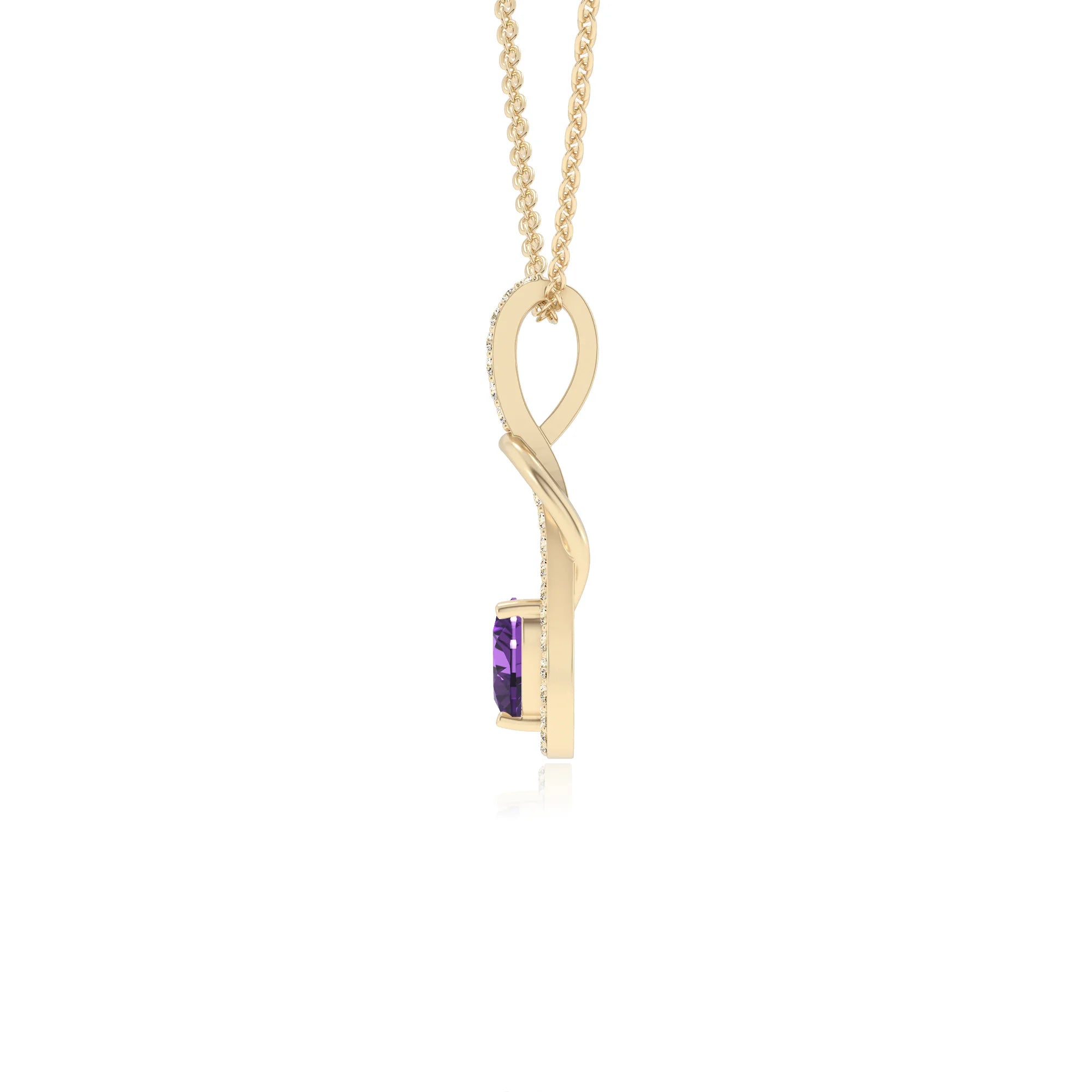 lab grown amethyst heart infinity  v-bale necklaces in yellow gold 