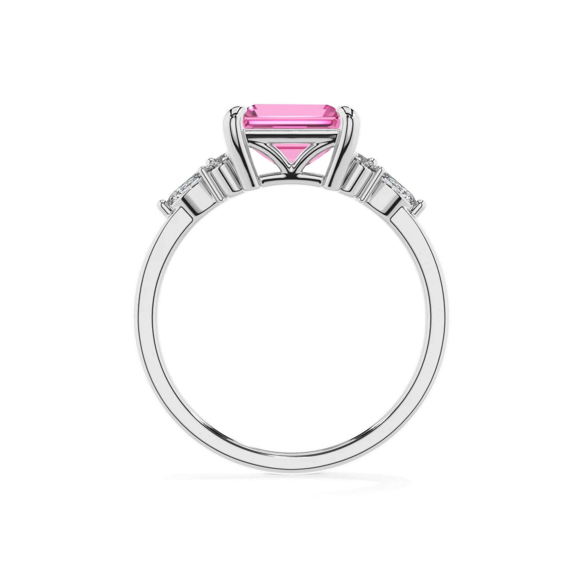 lab grown pink-sapphire emerald cut solitaire rings in platinum 