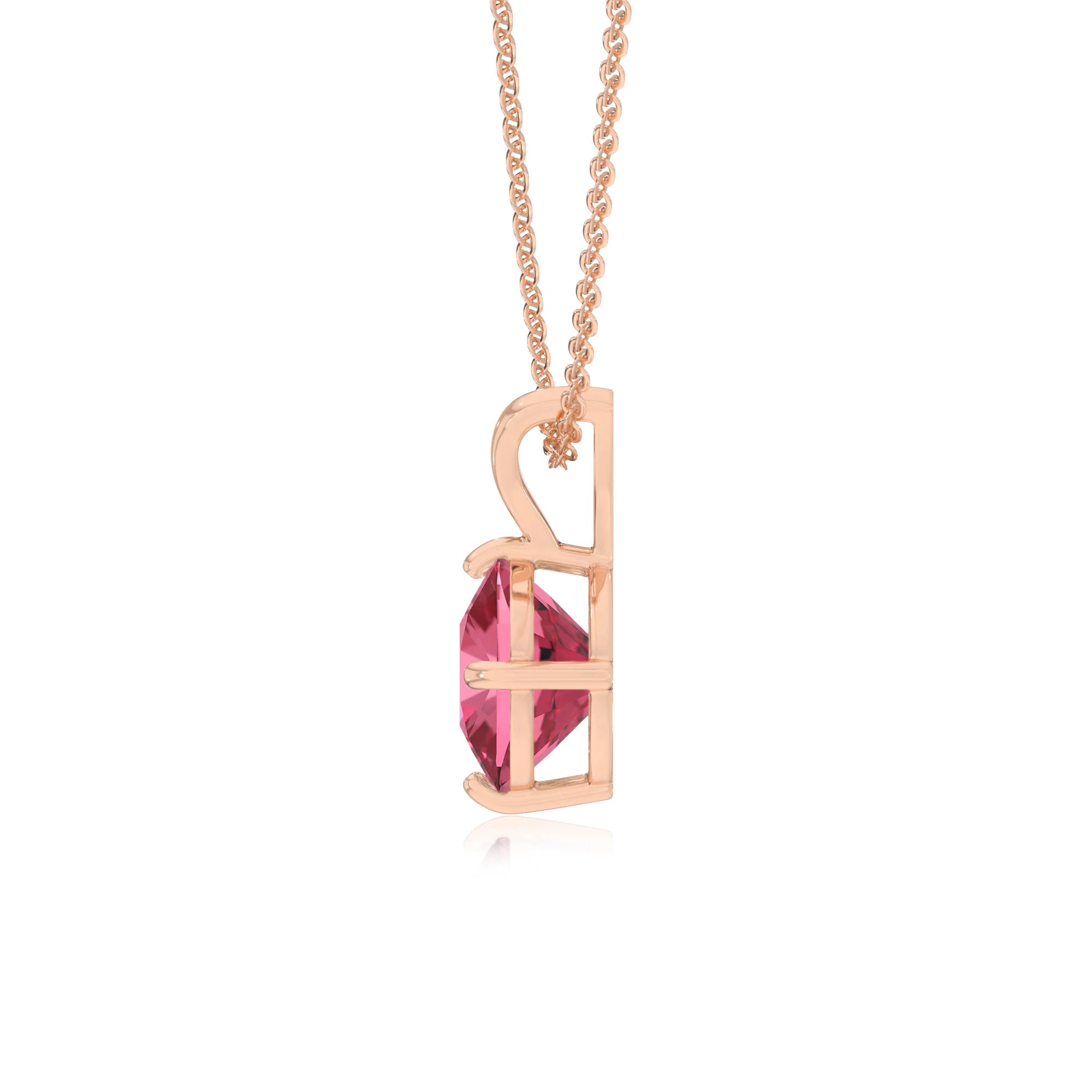 lab grown pink-tourmaline cushion solitaire v-bale necklaces in rose gold 