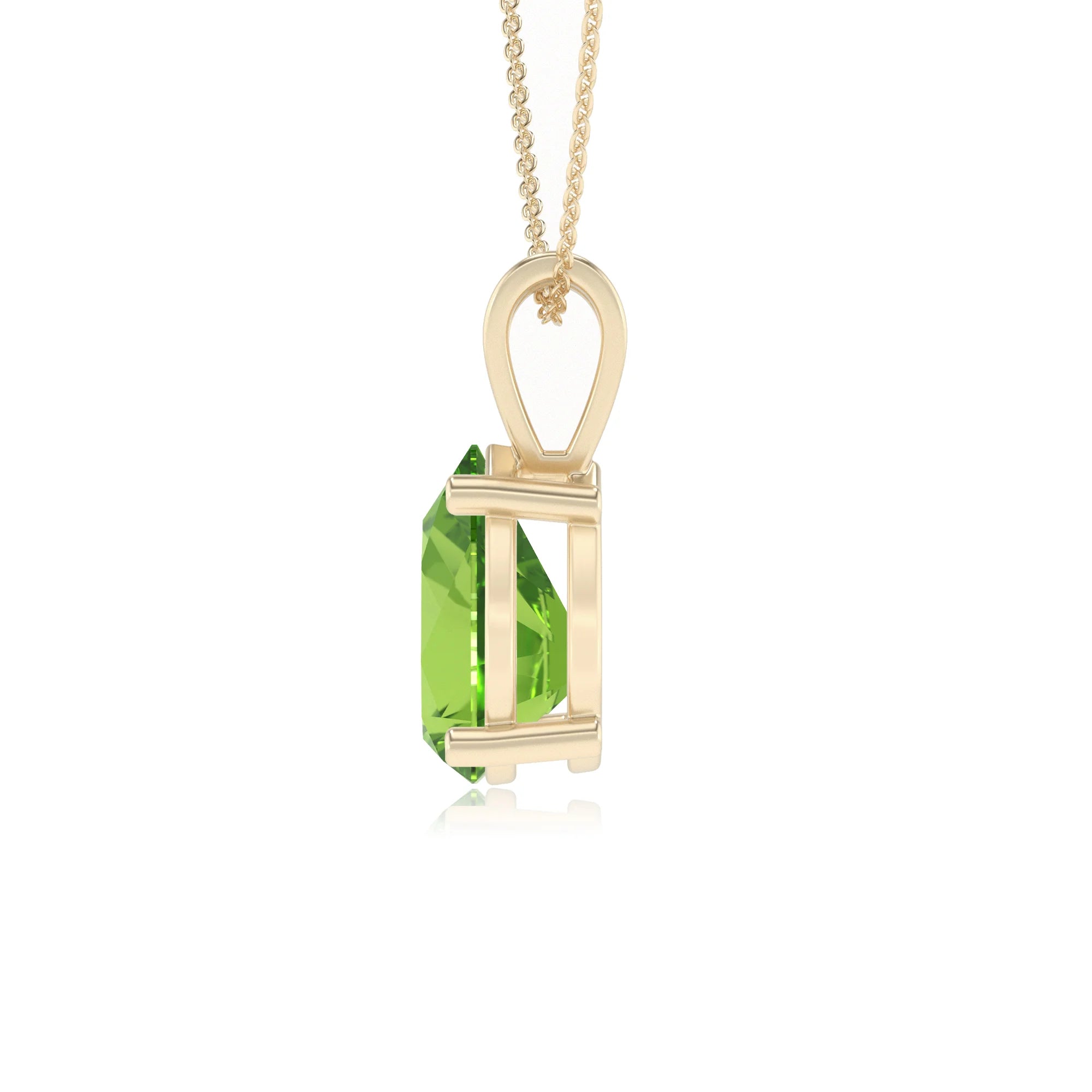 natural peridot pear solitaire v-bale necklaces in yellow gold 