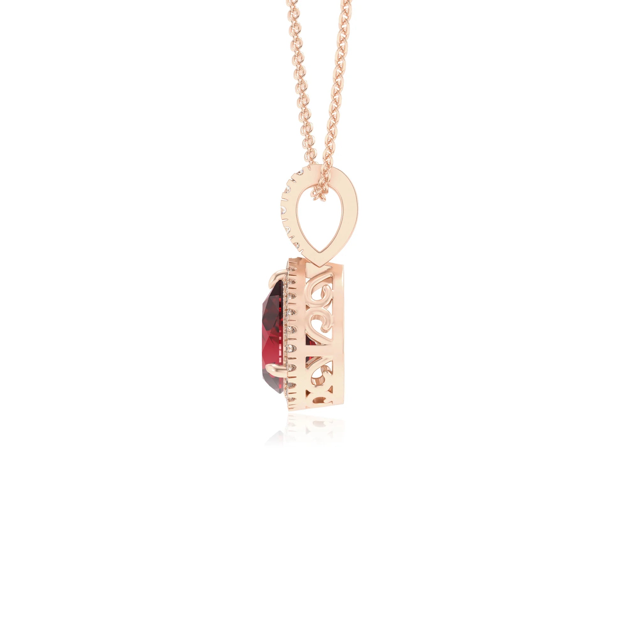 lab grown ruby pear solitaire necklaces in rose gold 