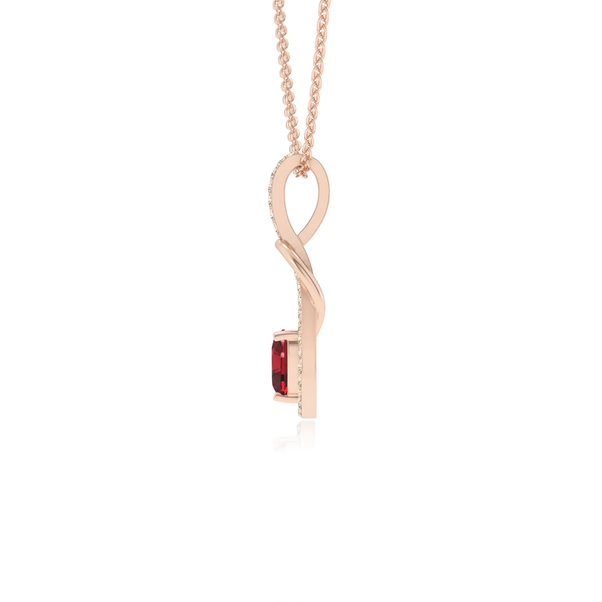 lab grown ruby heart infinity  v-bale necklaces in rose gold 
