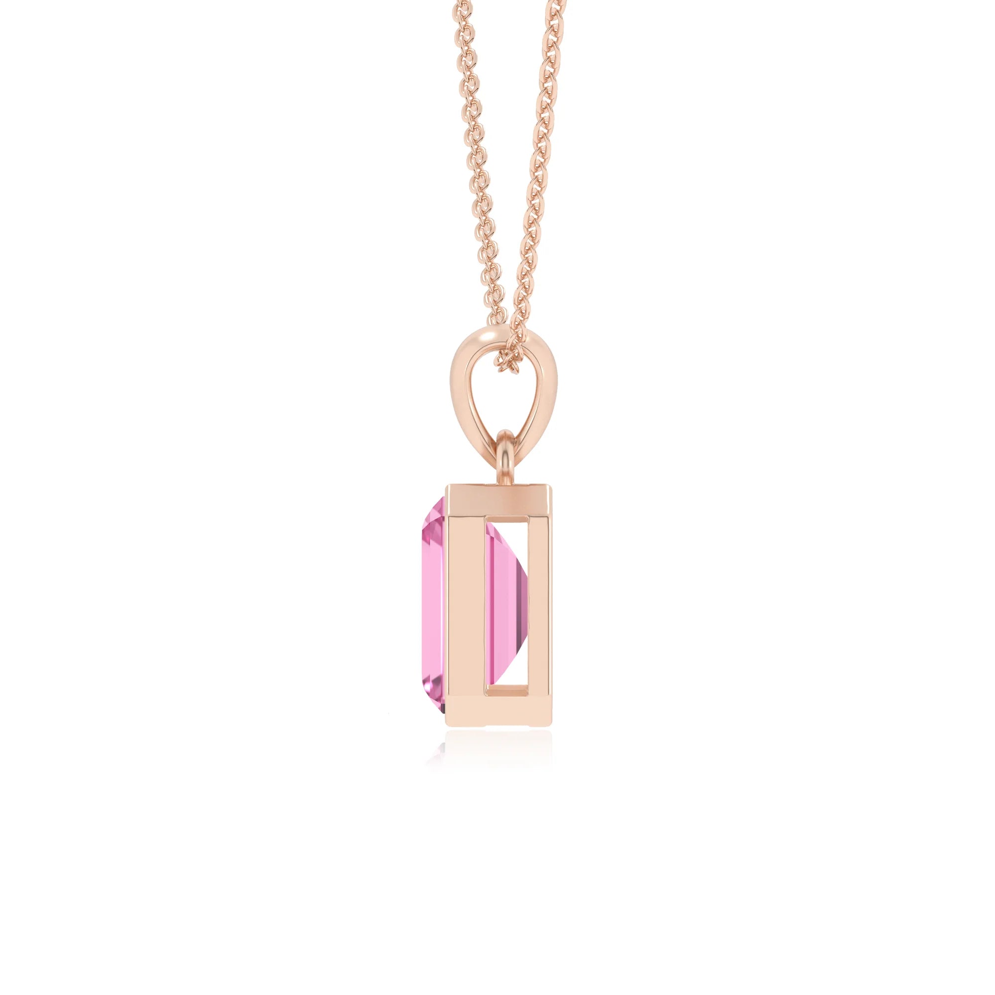 lab grown pink-sapphire emerald cut solitaire necklaces in rose gold 