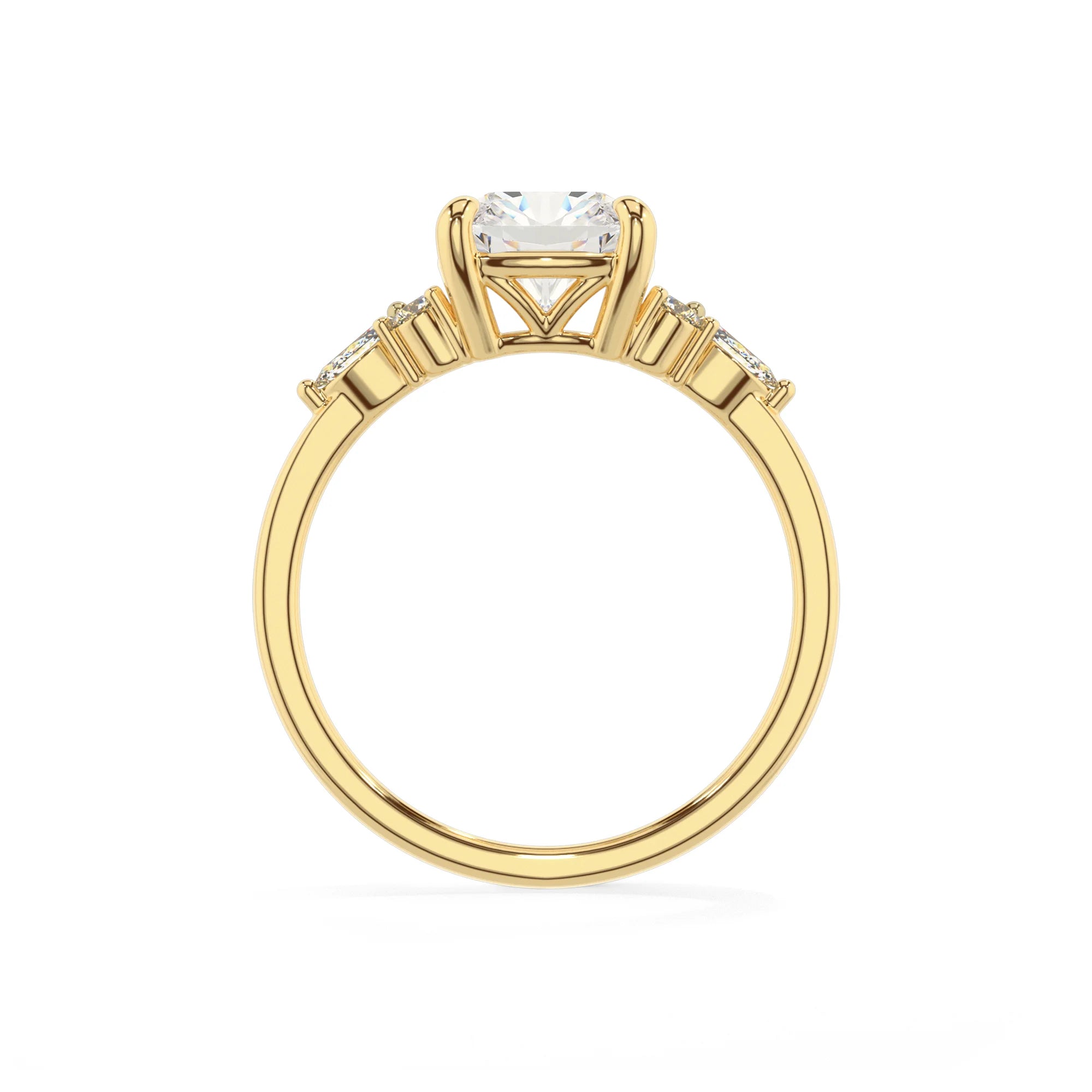 lab grown moissanite cushion solitaire rings in yellow gold 