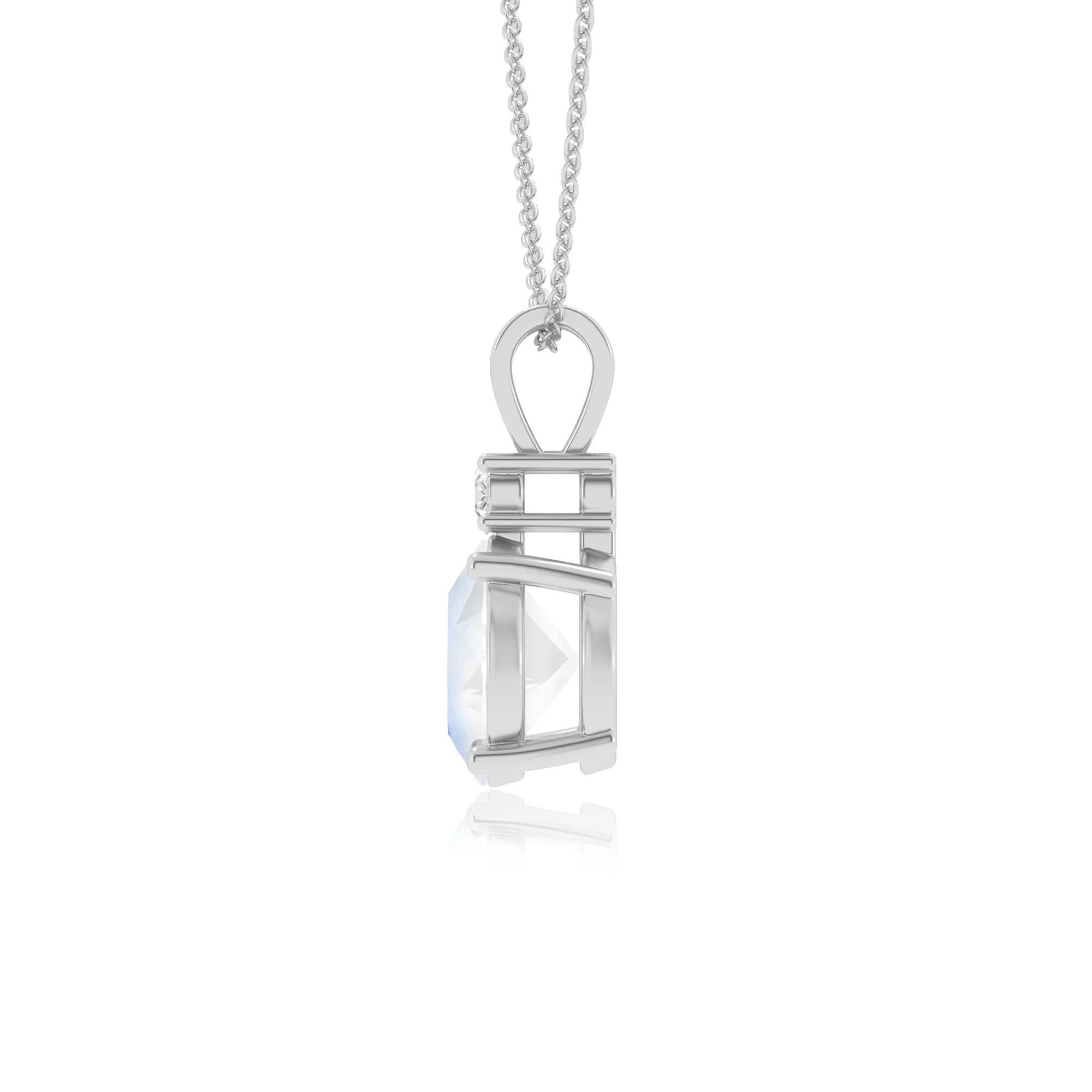 natural rainbow-moonstone round solitaire v-bale necklaces in platinum 