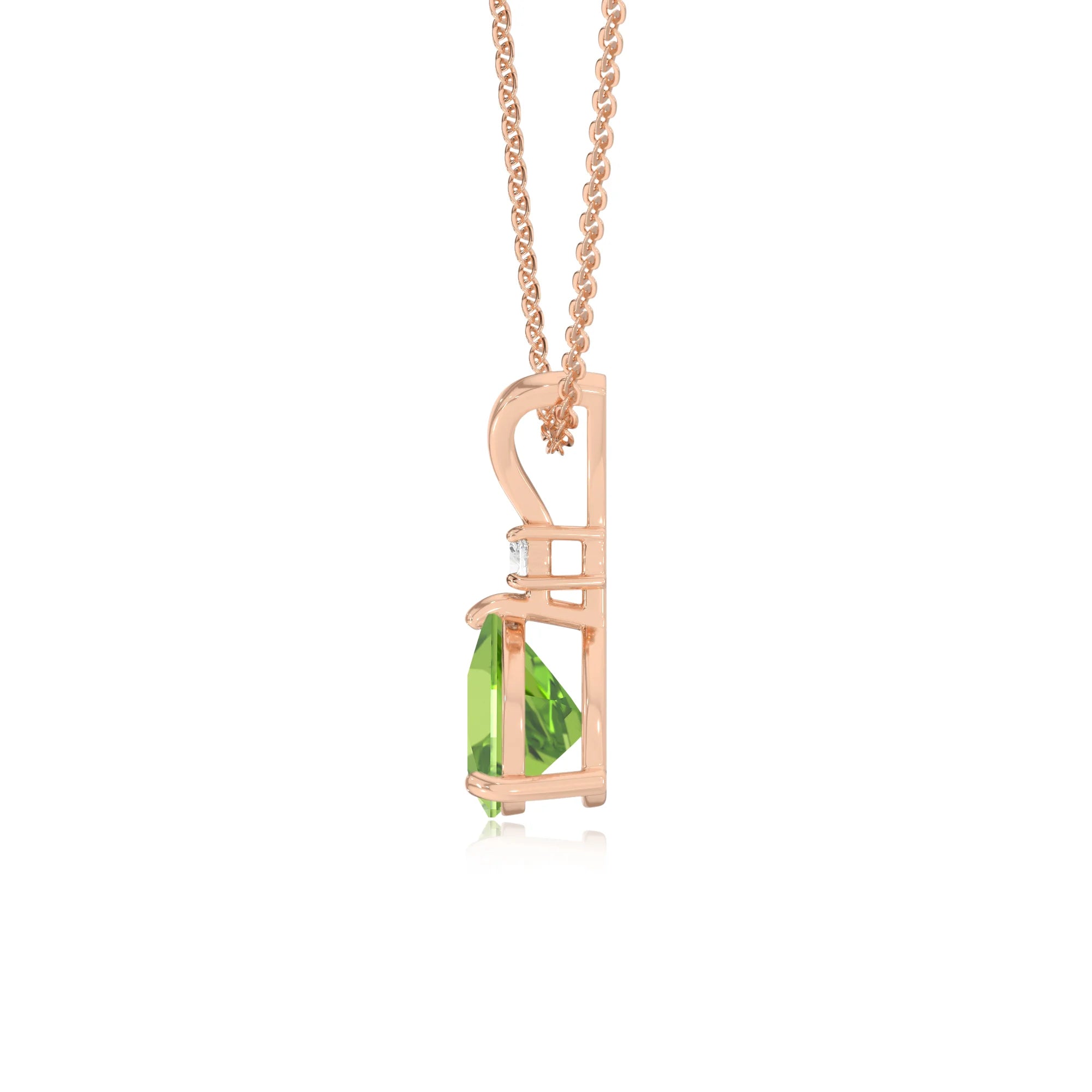 natural peridot trillion solitaire v-bale necklaces in rose gold 