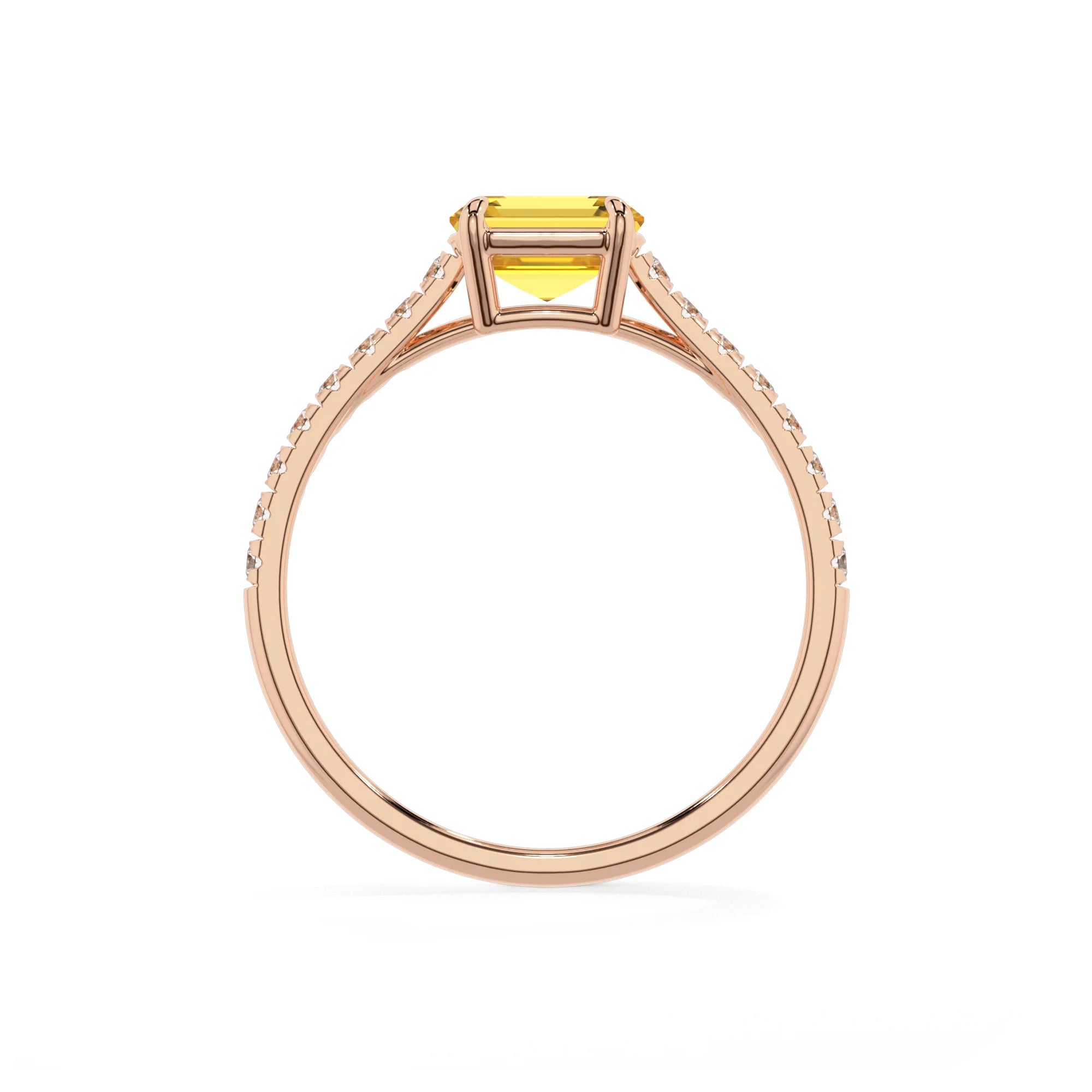 lab grown yellow-sapphire emerald cut half eternity solitaire engagement rings in rose gold 