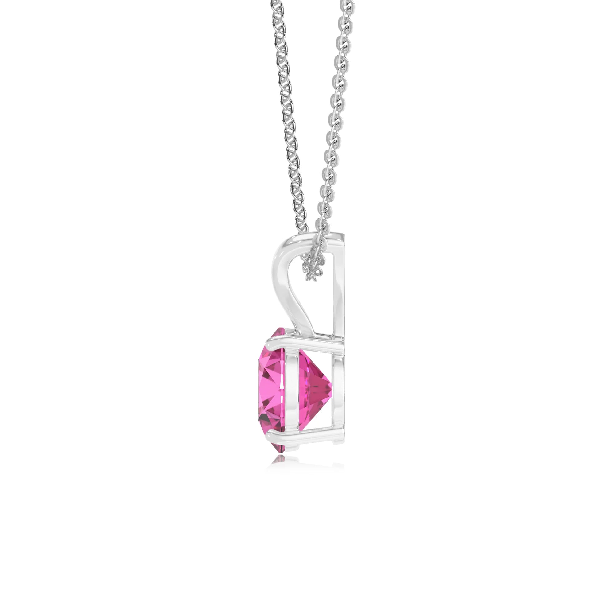 lab grown pink-sapphire round solitaire v-bale necklaces in sterling silver 
