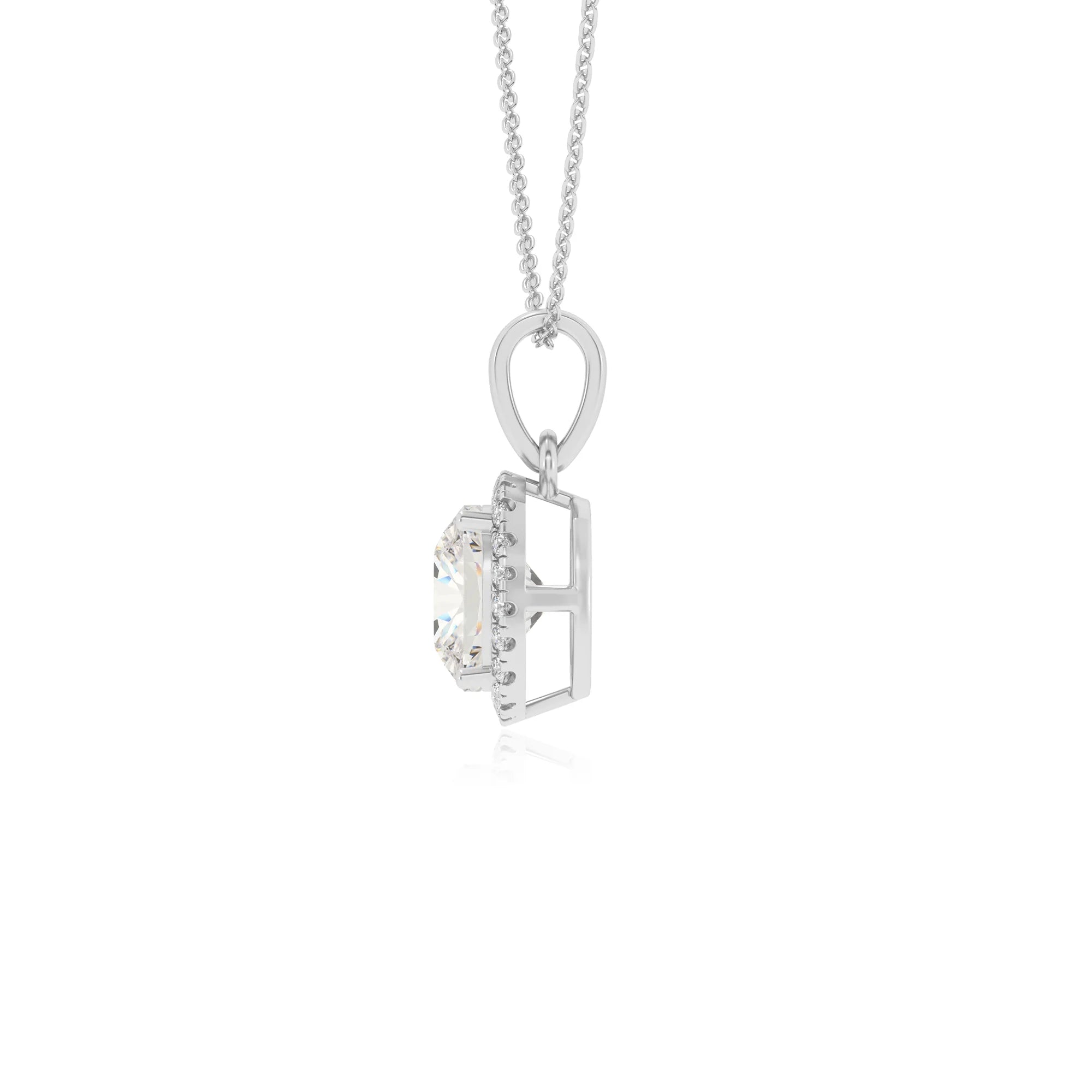 lab grown moissanite cushion solitaire necklaces in white gold 