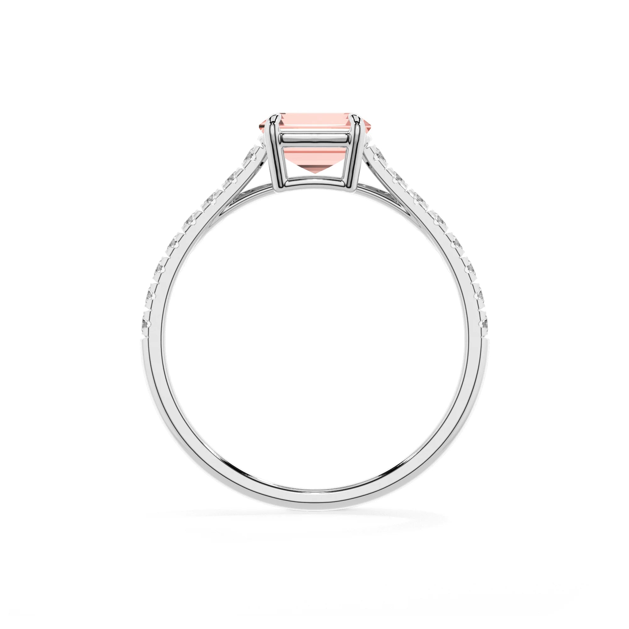 lab grown morganite emerald cut half eternity solitaire engagement rings in white gold 