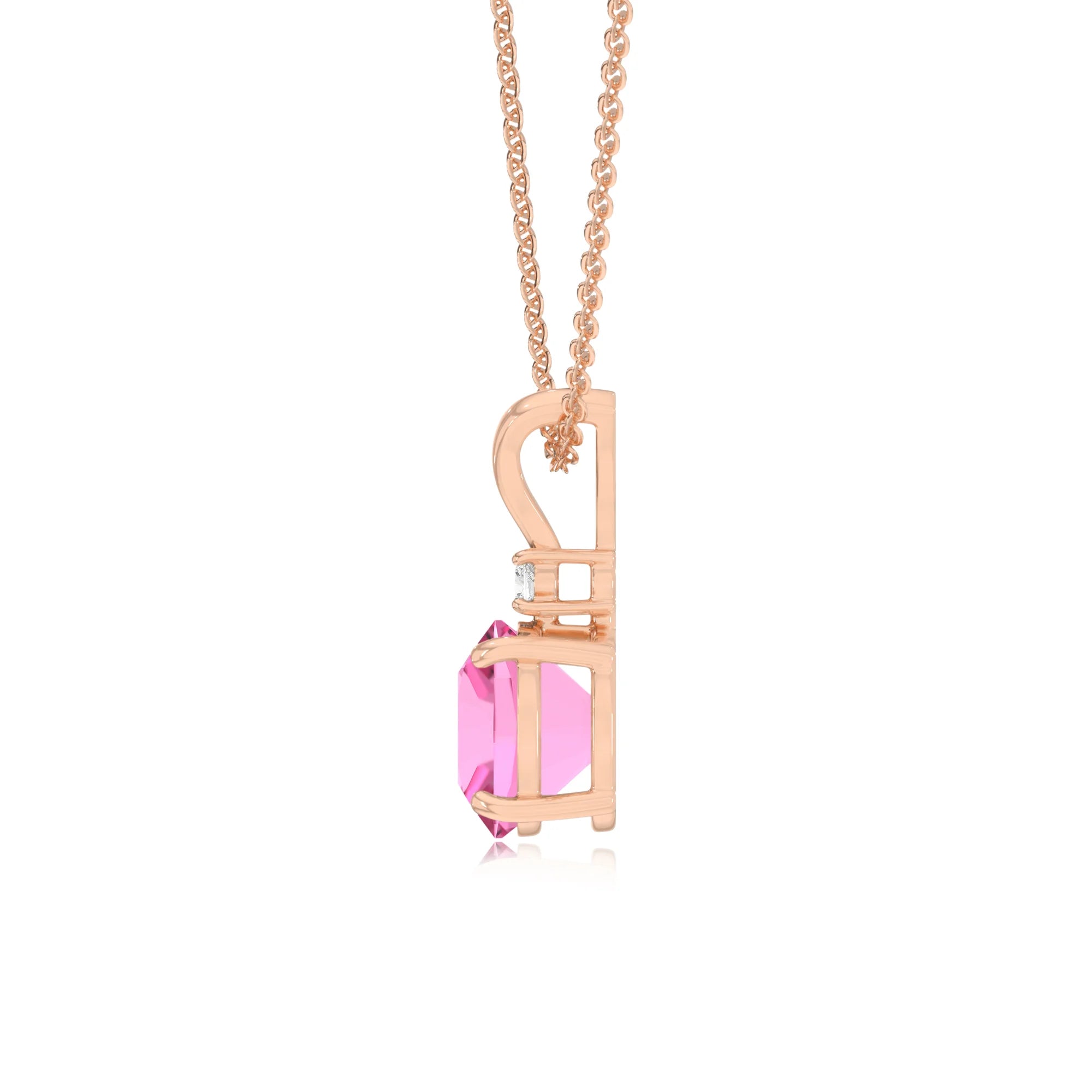 lab grown pink-sapphire cushion solitaire v-bale necklaces in rose gold 