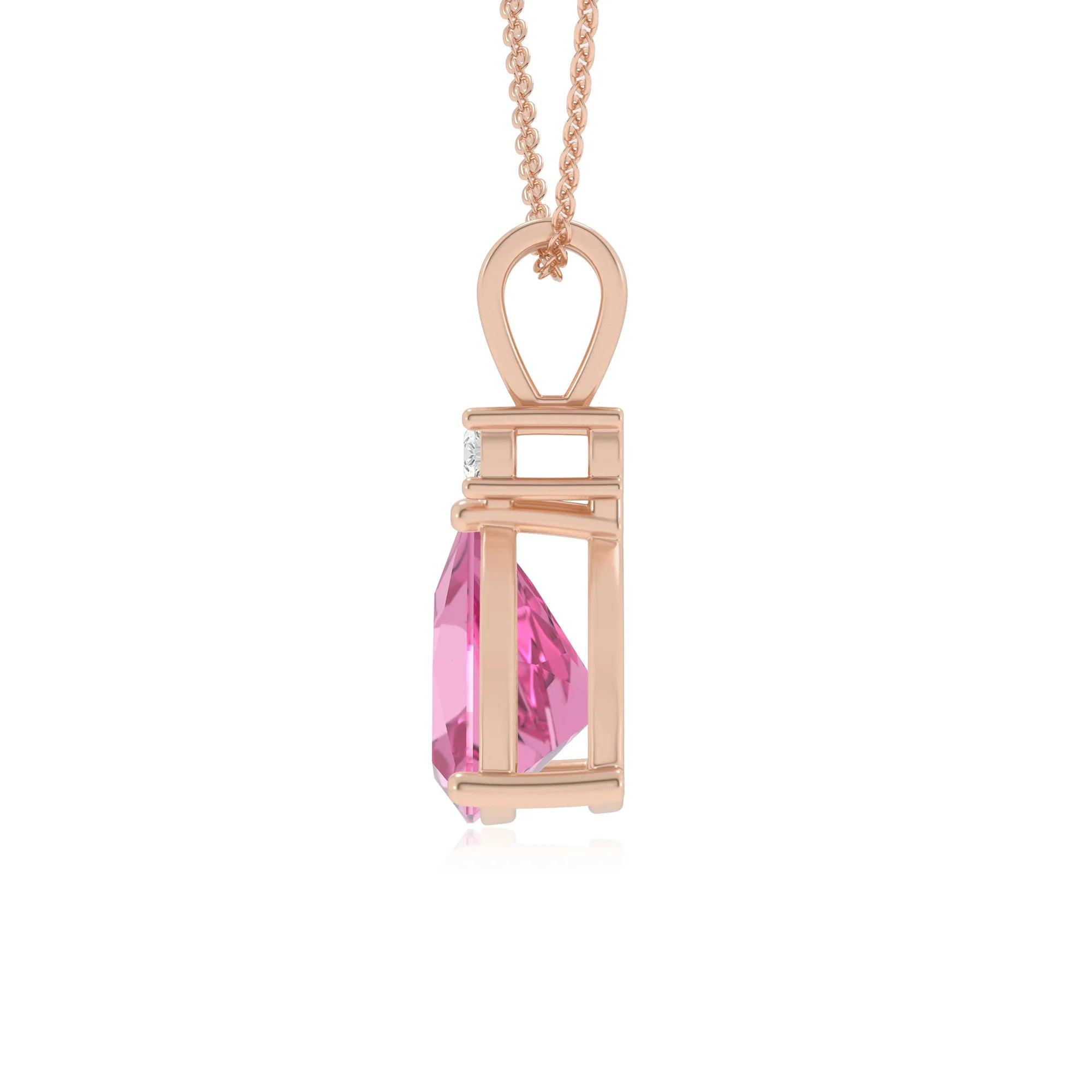 lab grown pink-sapphire trillion solitaire v-bale necklaces in rose gold 