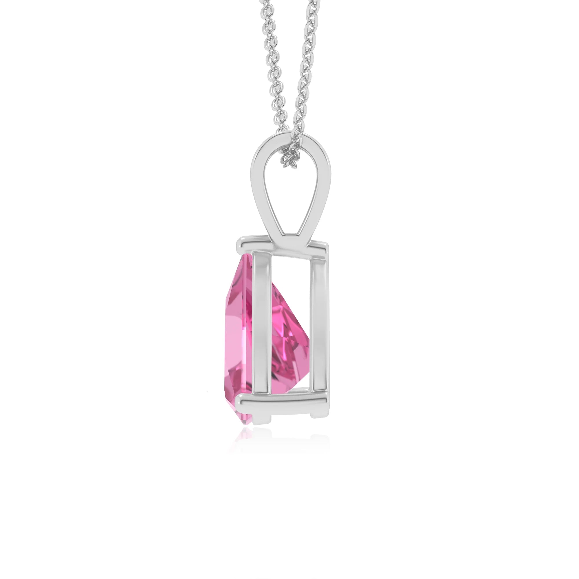 lab grown pink-sapphire trillion solitaire v-bale necklaces in sterling silver 