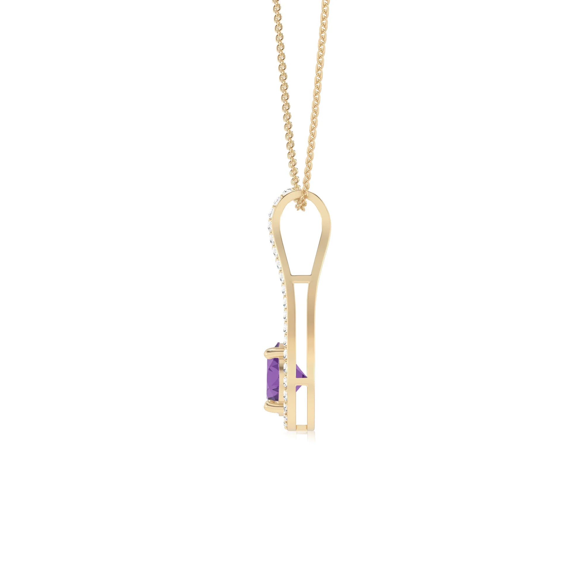 lab grown amethyst round solitaire v-bale necklaces in yellow gold 