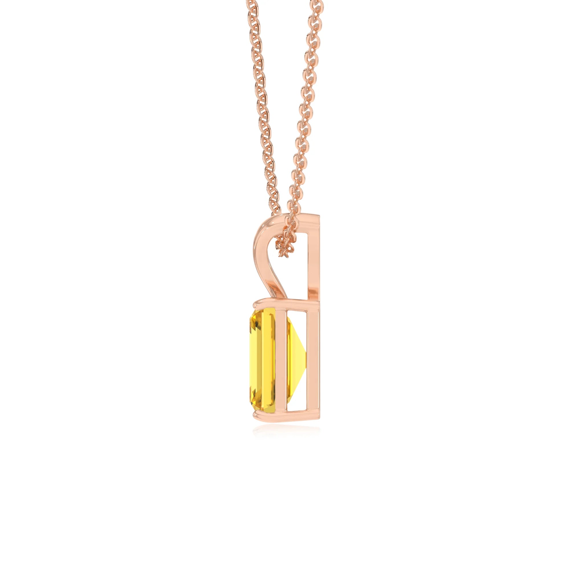 lab grown yellow-sapphire emerald cut solitaire v-bale necklaces in rose gold 
