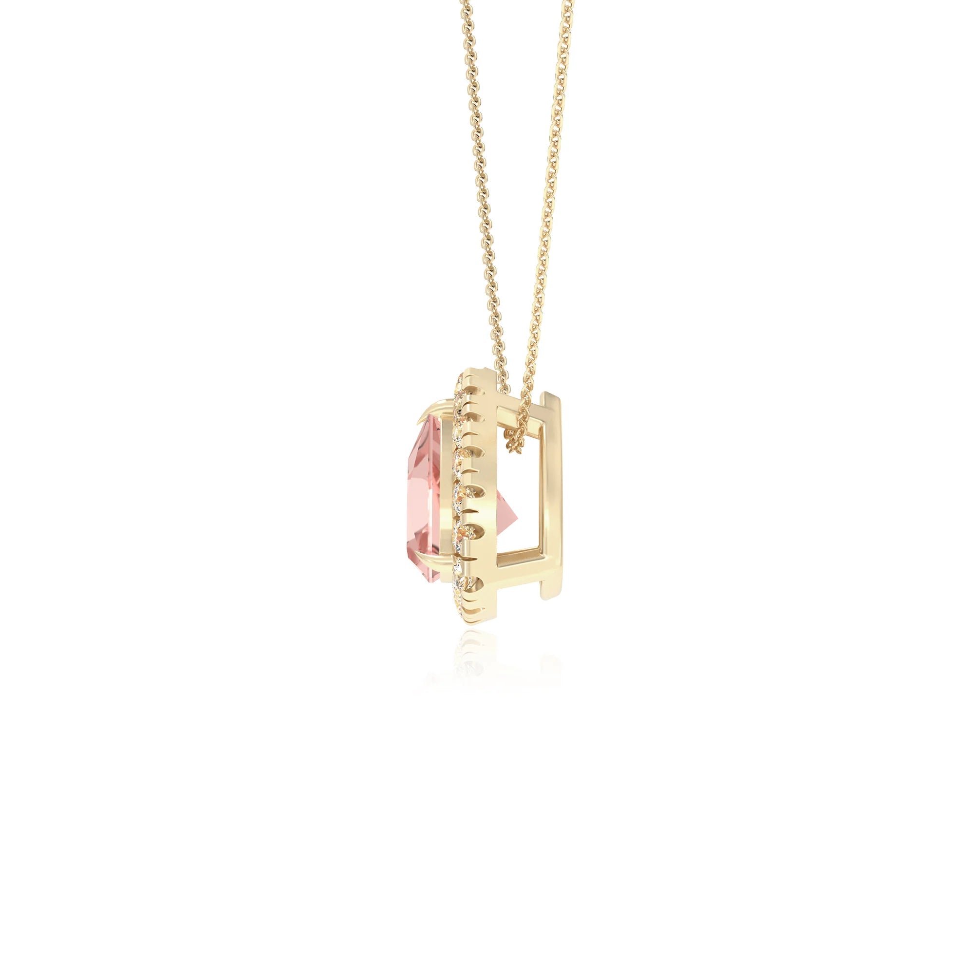 lab grown morganite trillion solitaire necklaces in yellow gold 