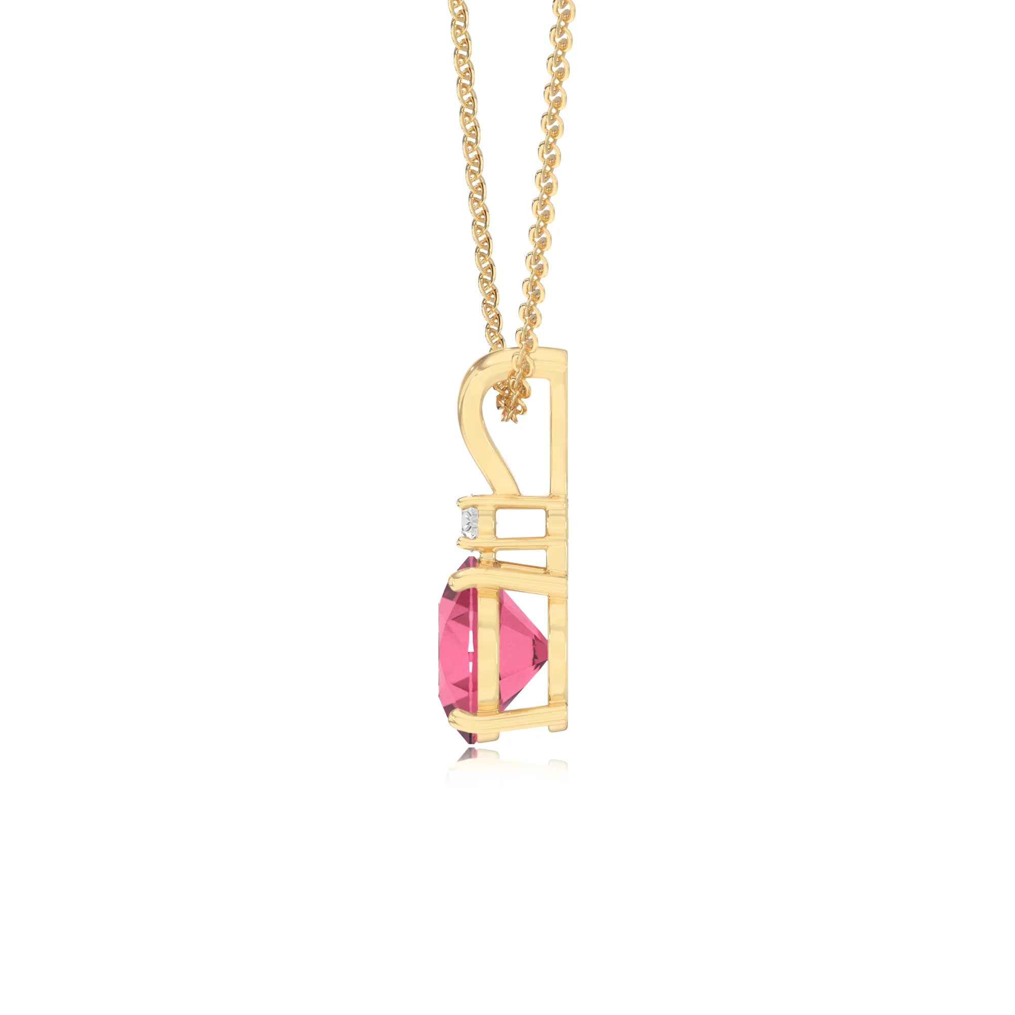 lab grown pink-tourmaline round solitaire v-bale necklaces in yellow gold 