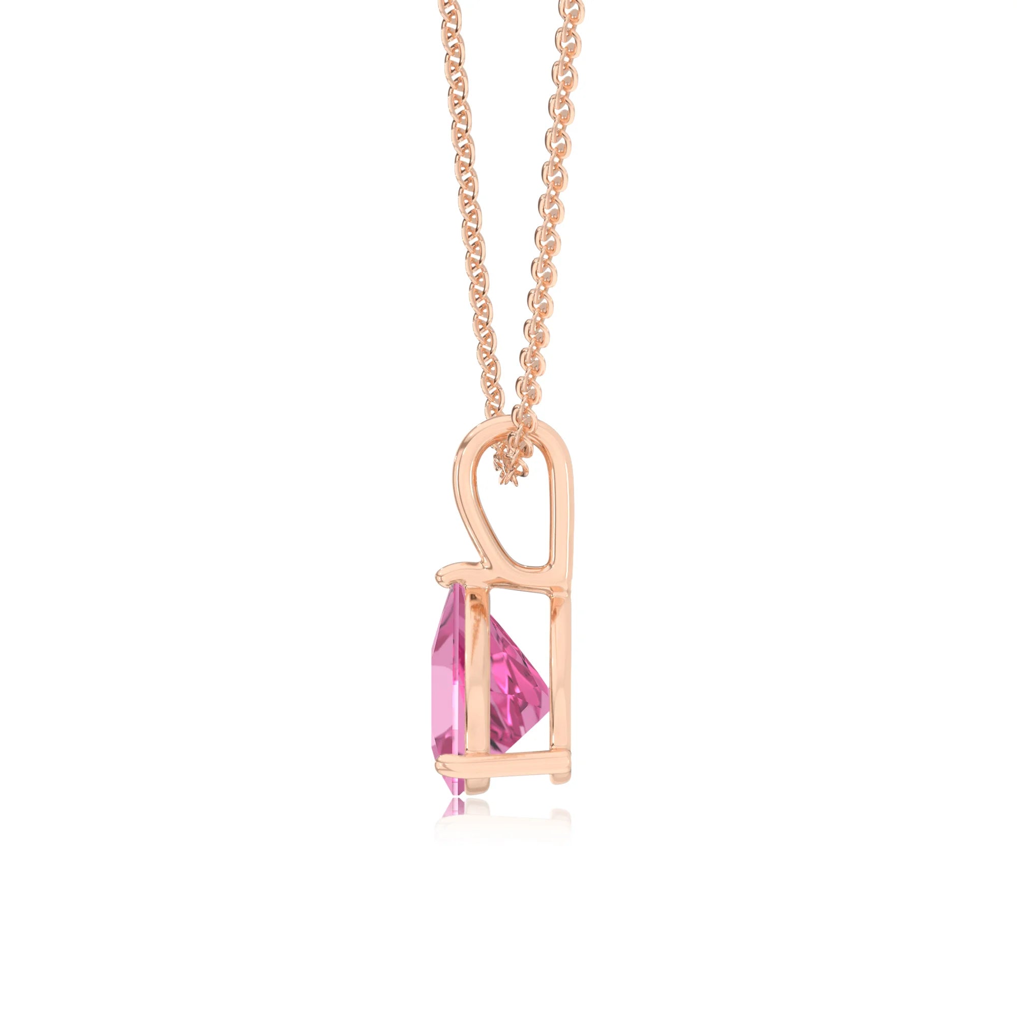 lab grown pink-sapphire trillion solitaire necklaces in rose gold 