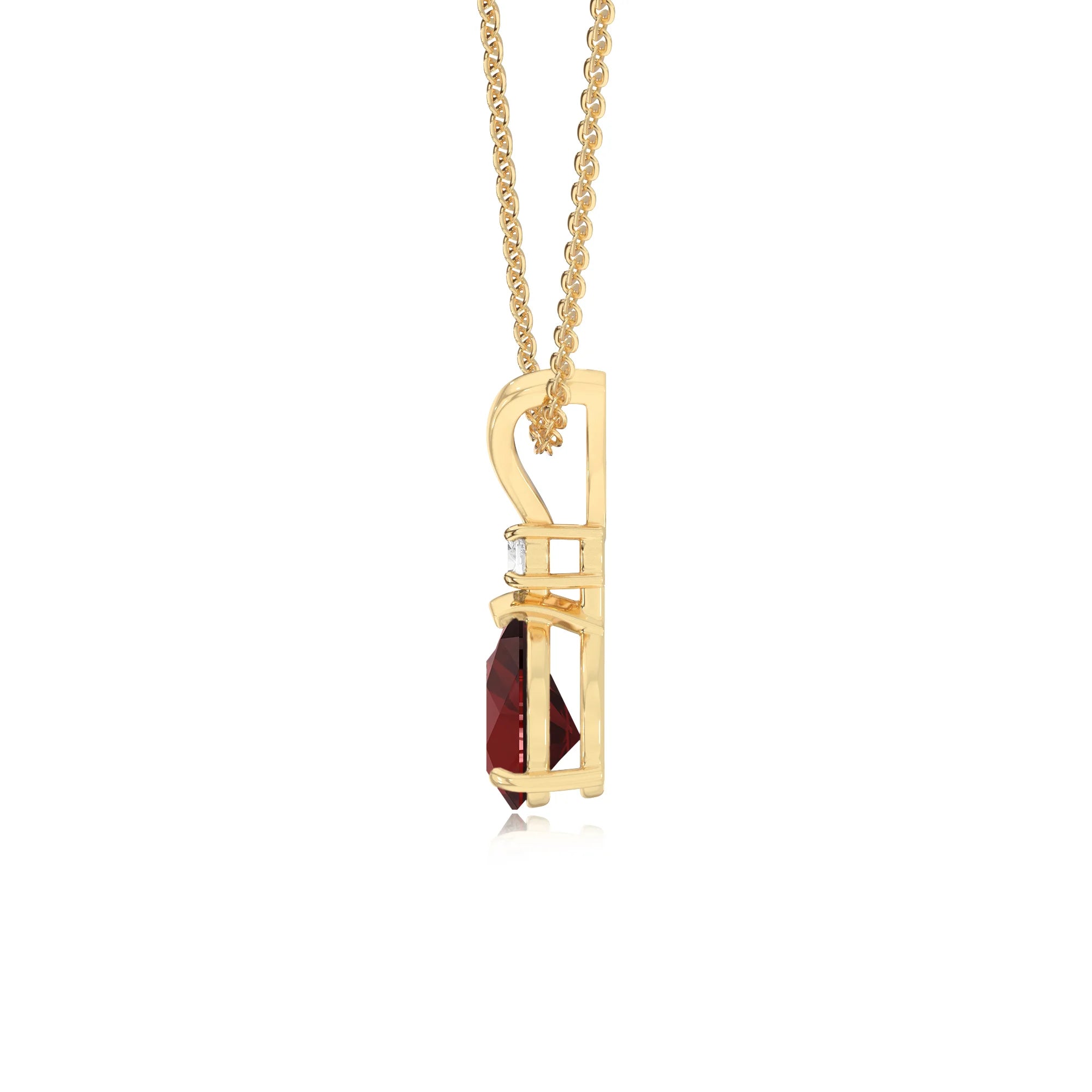 natural garnet pear solitaire v-bale necklaces in yellow gold 