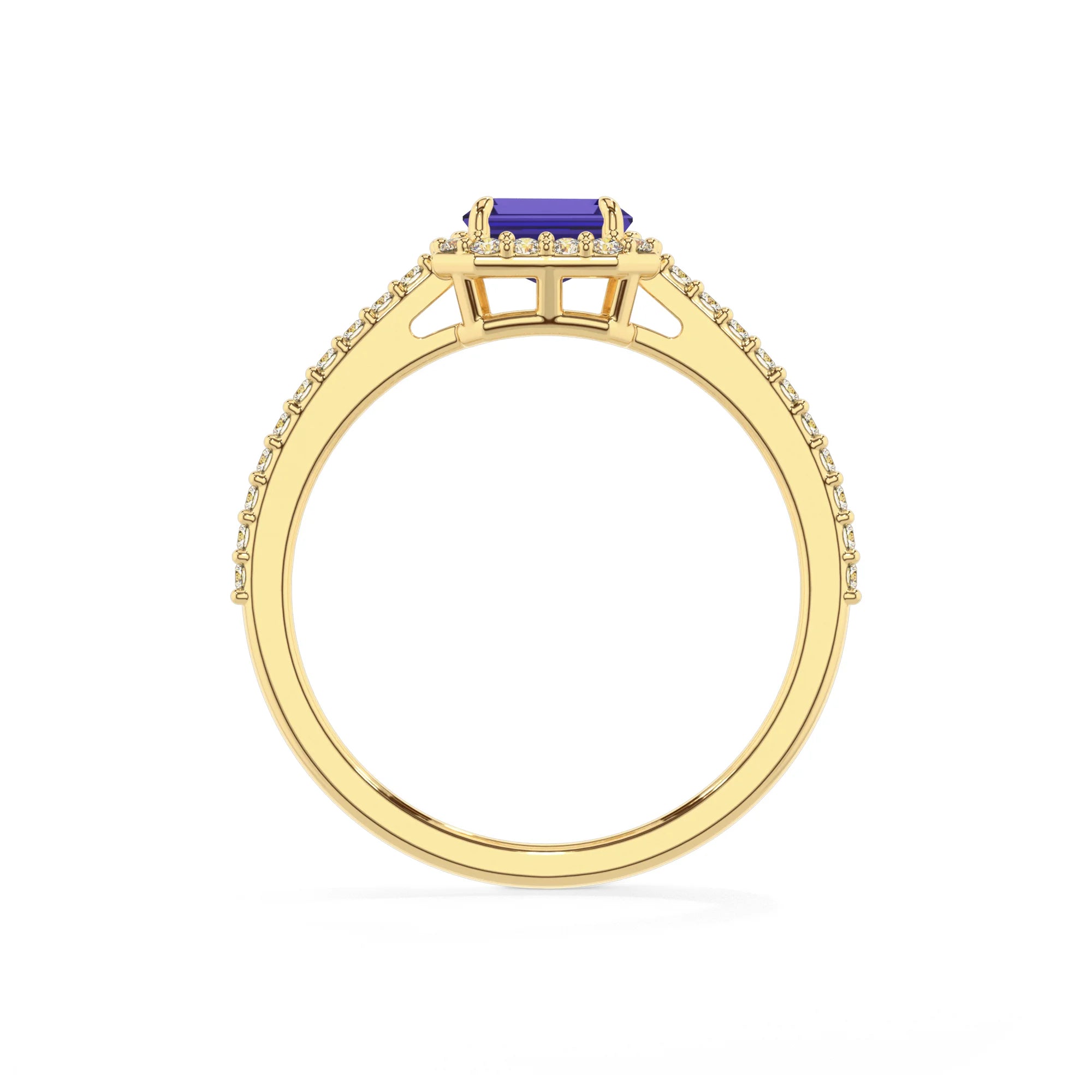 lab grown tanzanite emerald cut solitaire rings in yellow gold 