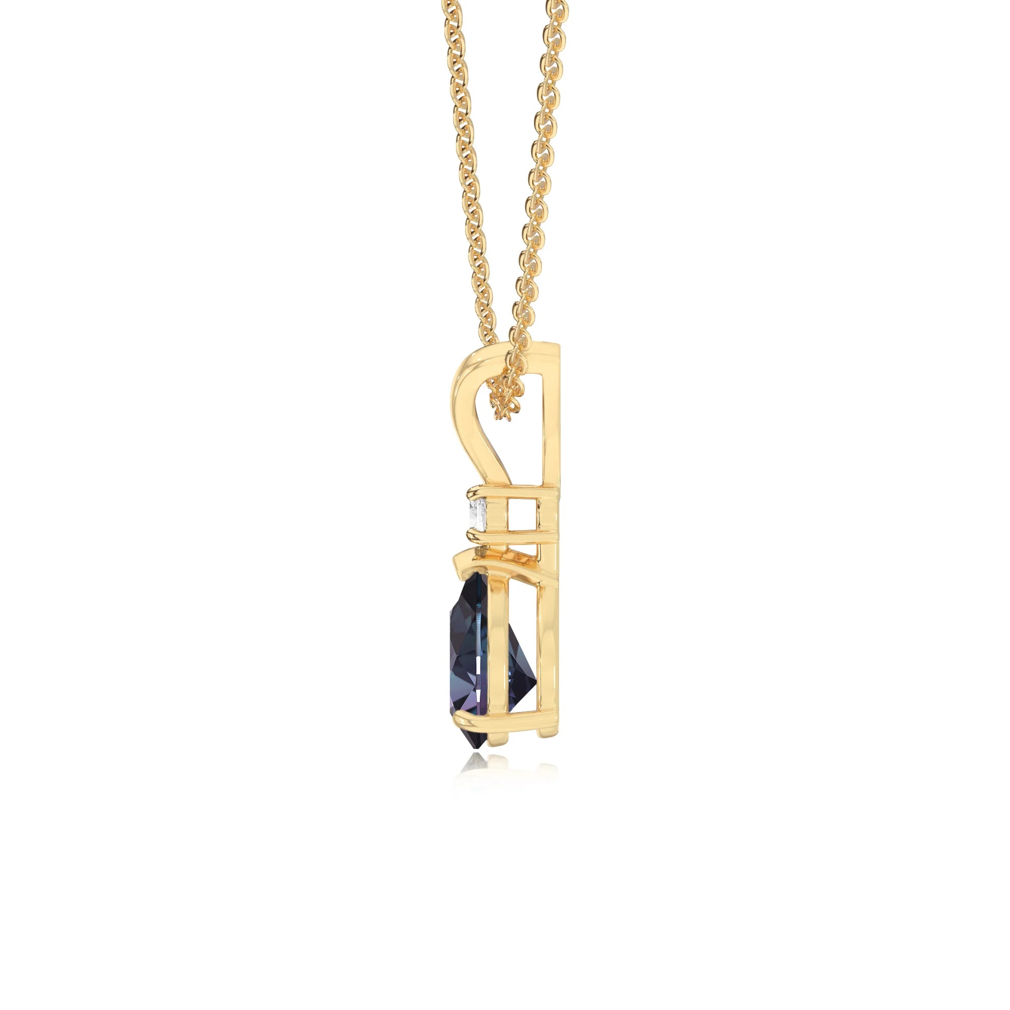 lab grown alexandrite pear solitaire v-bale necklaces in yellow gold 