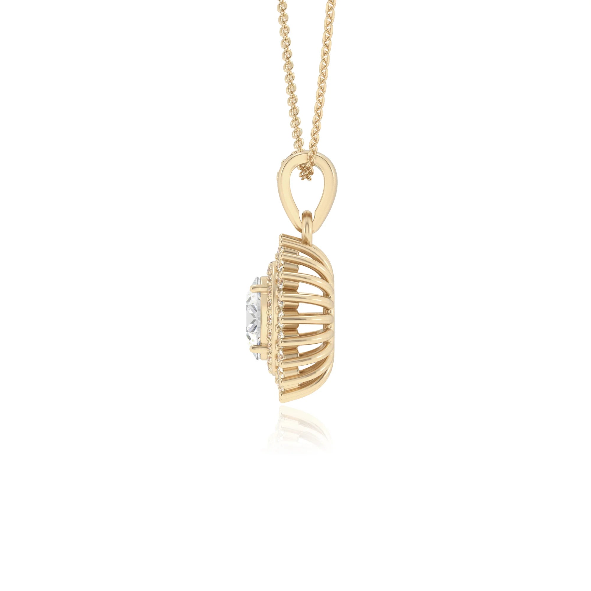 lab grown moissanite oval halo necklaces in yellow gold 