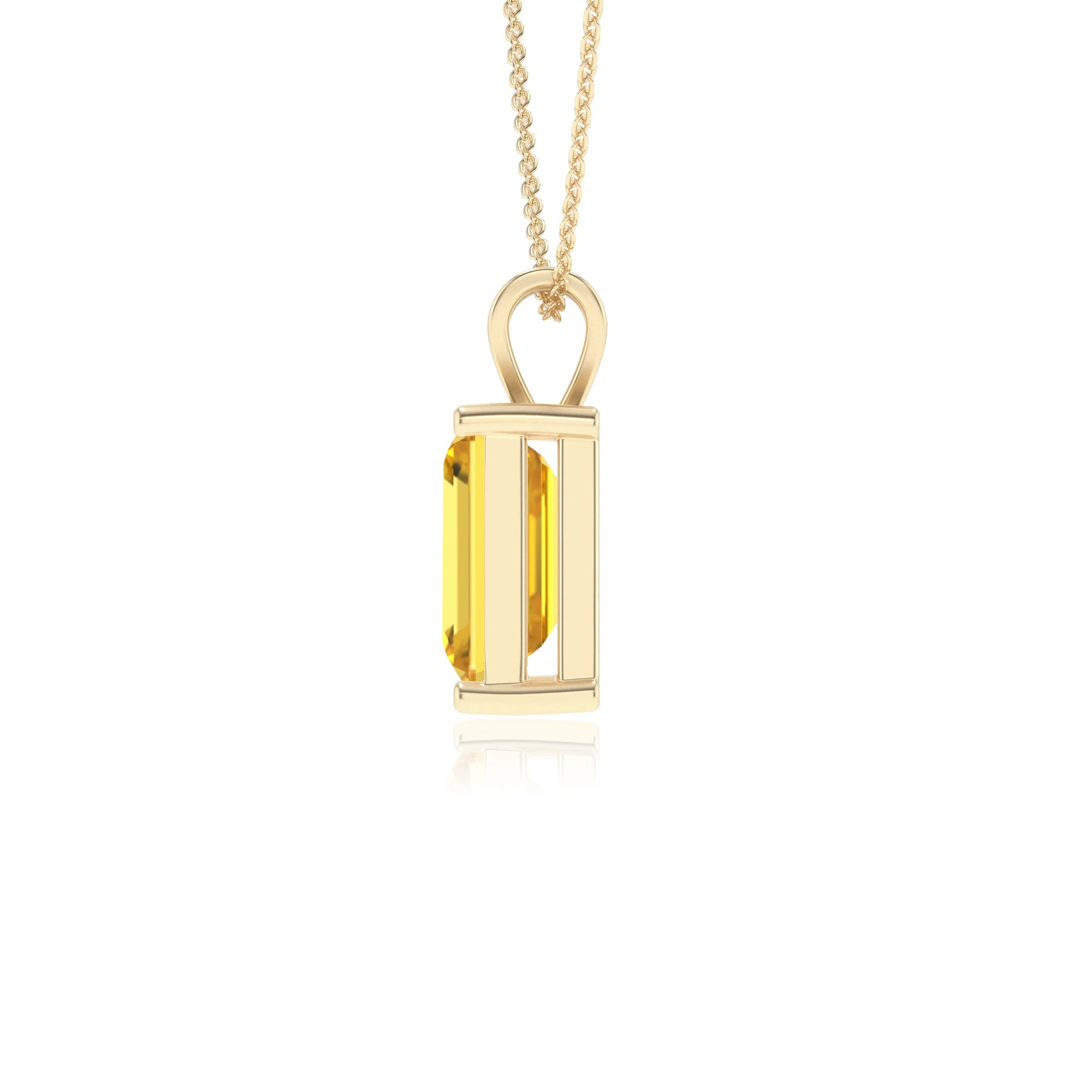 lab grown yellow-sapphire emerald cut solitaire v-bale necklaces in yellow gold 