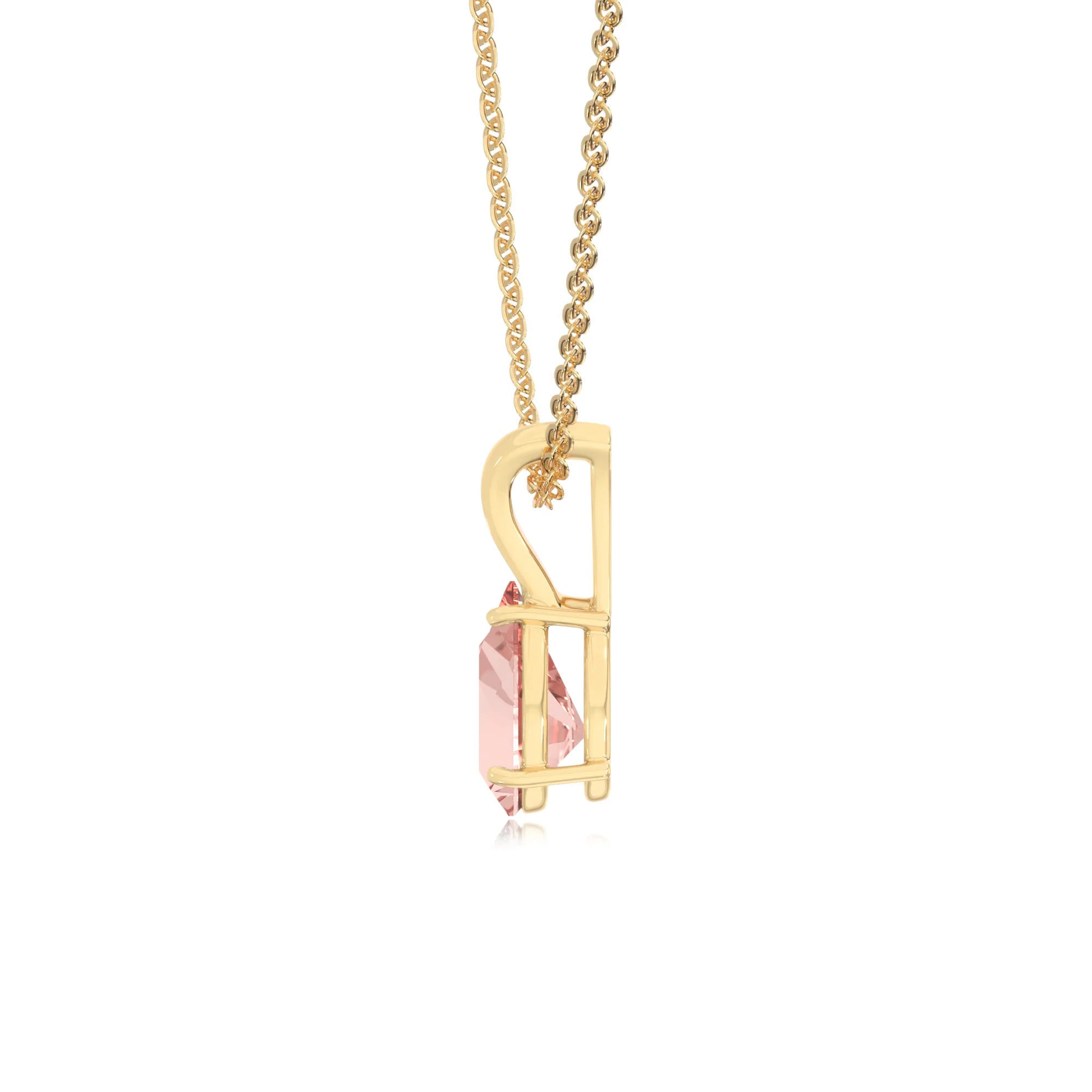 lab grown morganite pear solitaire v-bale necklaces in yellow gold 