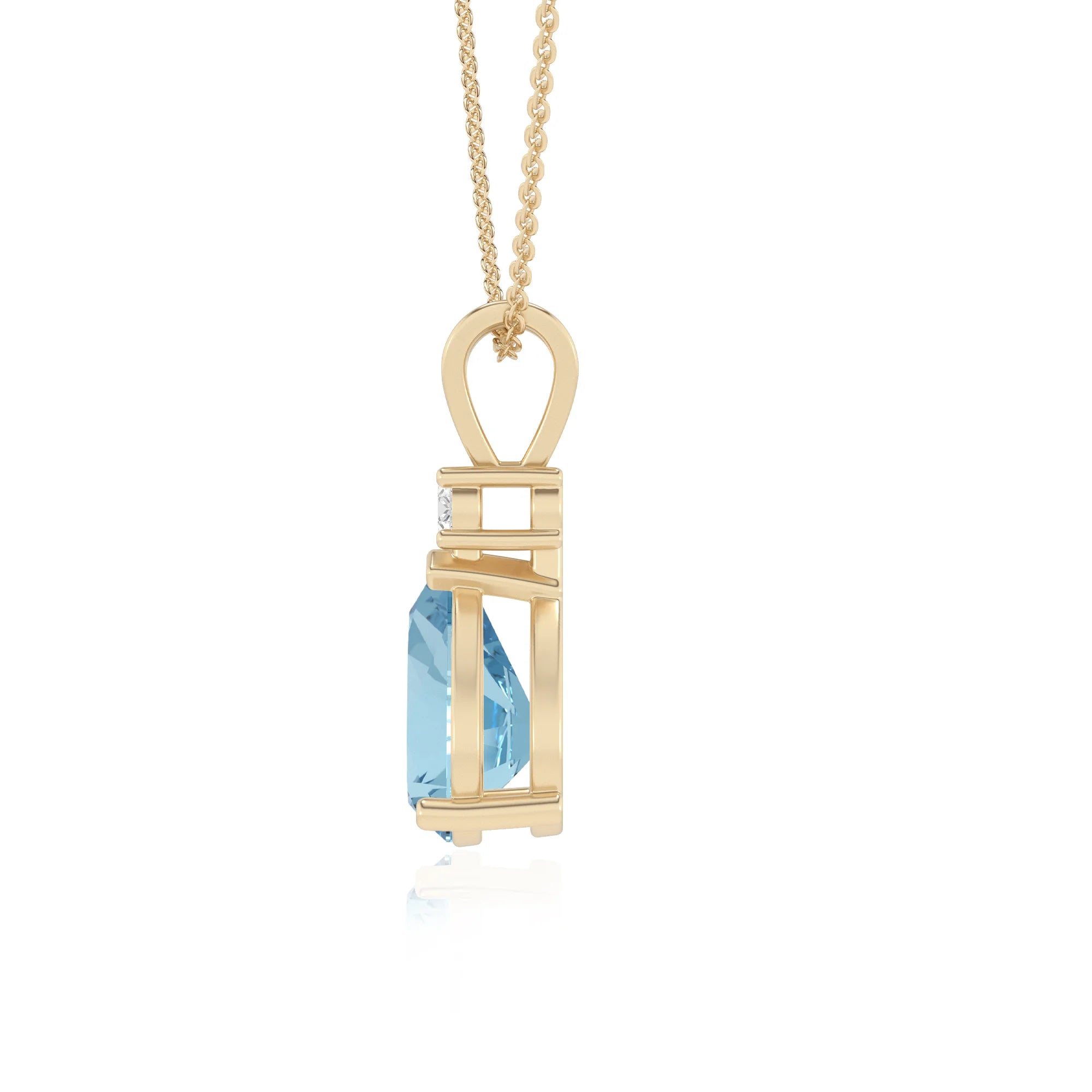 lab grown aquamarine pear solitaire v-bale necklaces in yellow gold 