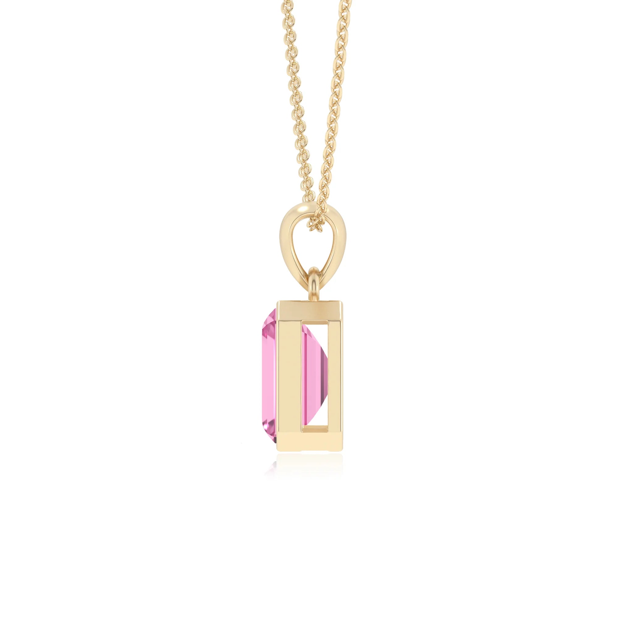 lab grown pink-sapphire emerald cut solitaire necklaces in yellow gold 