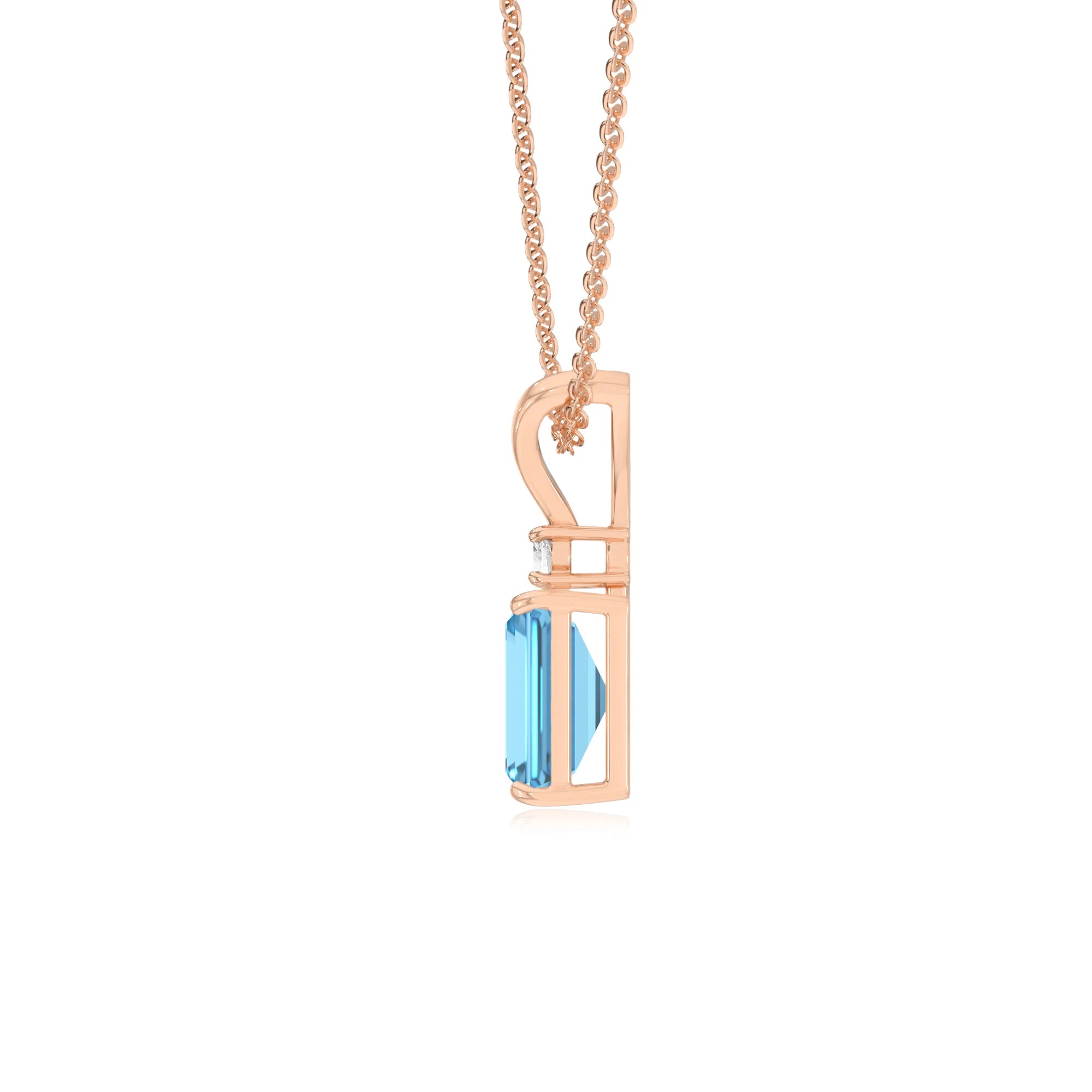 natural swiss-blue-topaz emerald cut solitaire v-bale necklaces in rose gold 