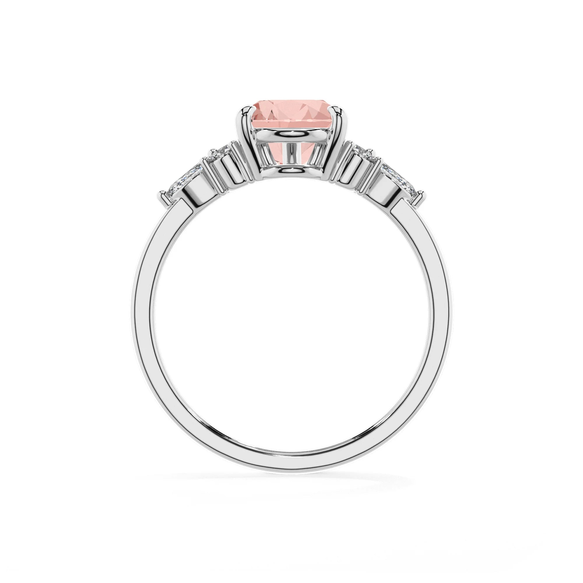 lab grown morganite pear solitaire rings in white gold 