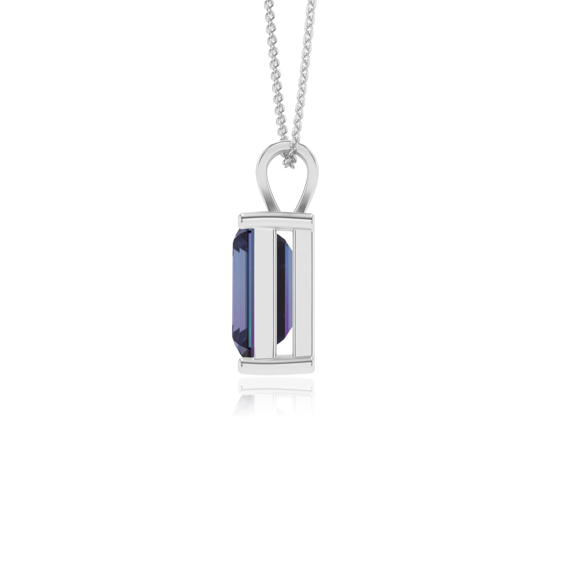 lab grown alexandrite emerald cut solitaire v-bale necklaces in white gold 