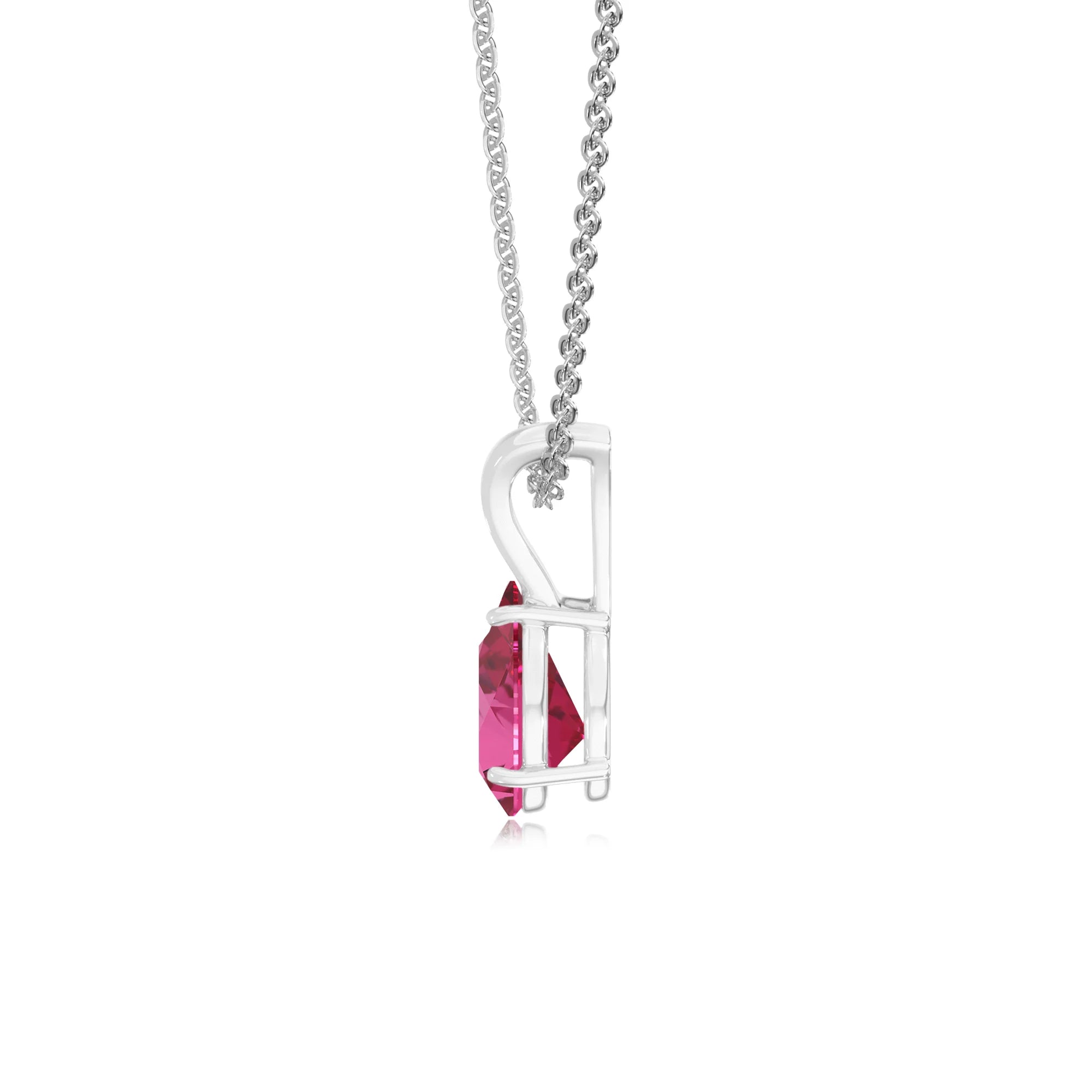 lab grown pink-sapphire pear solitaire v-bale necklaces in sterling silver 