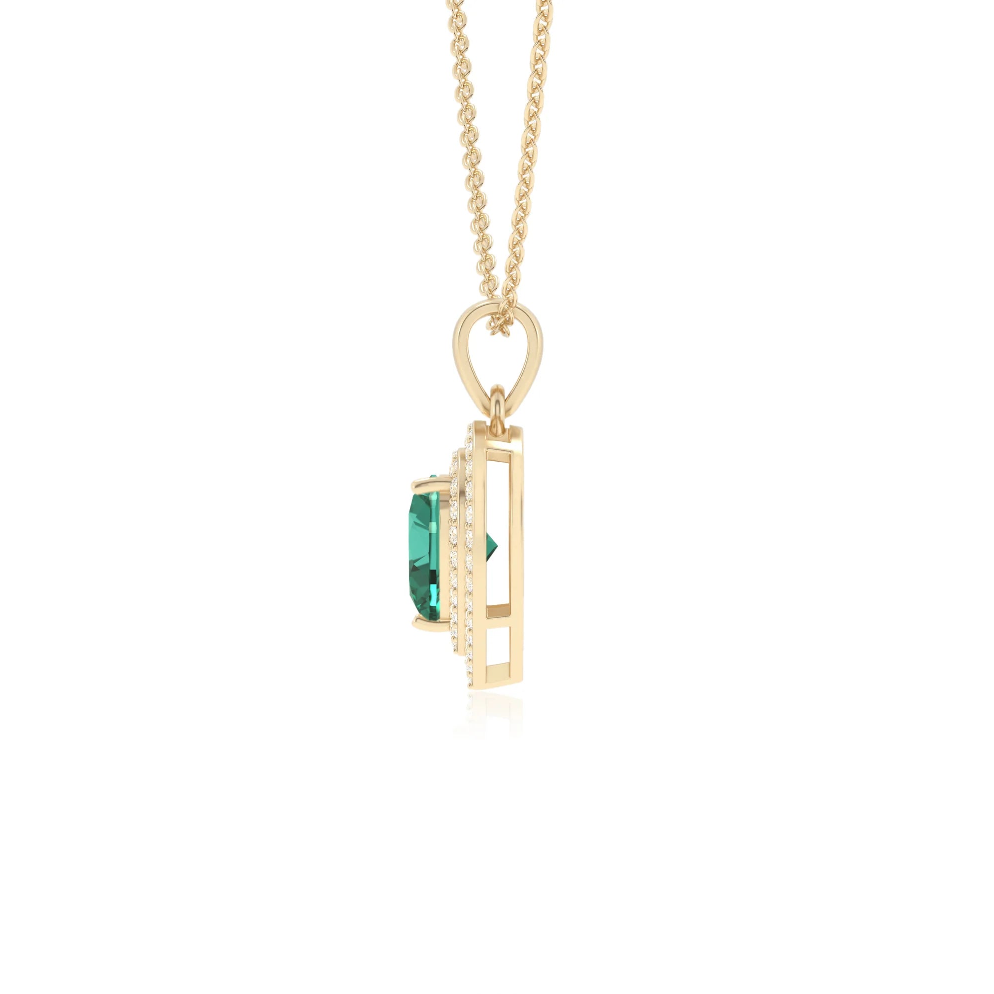 lab grown emerald heart halo necklaces in yellow gold 