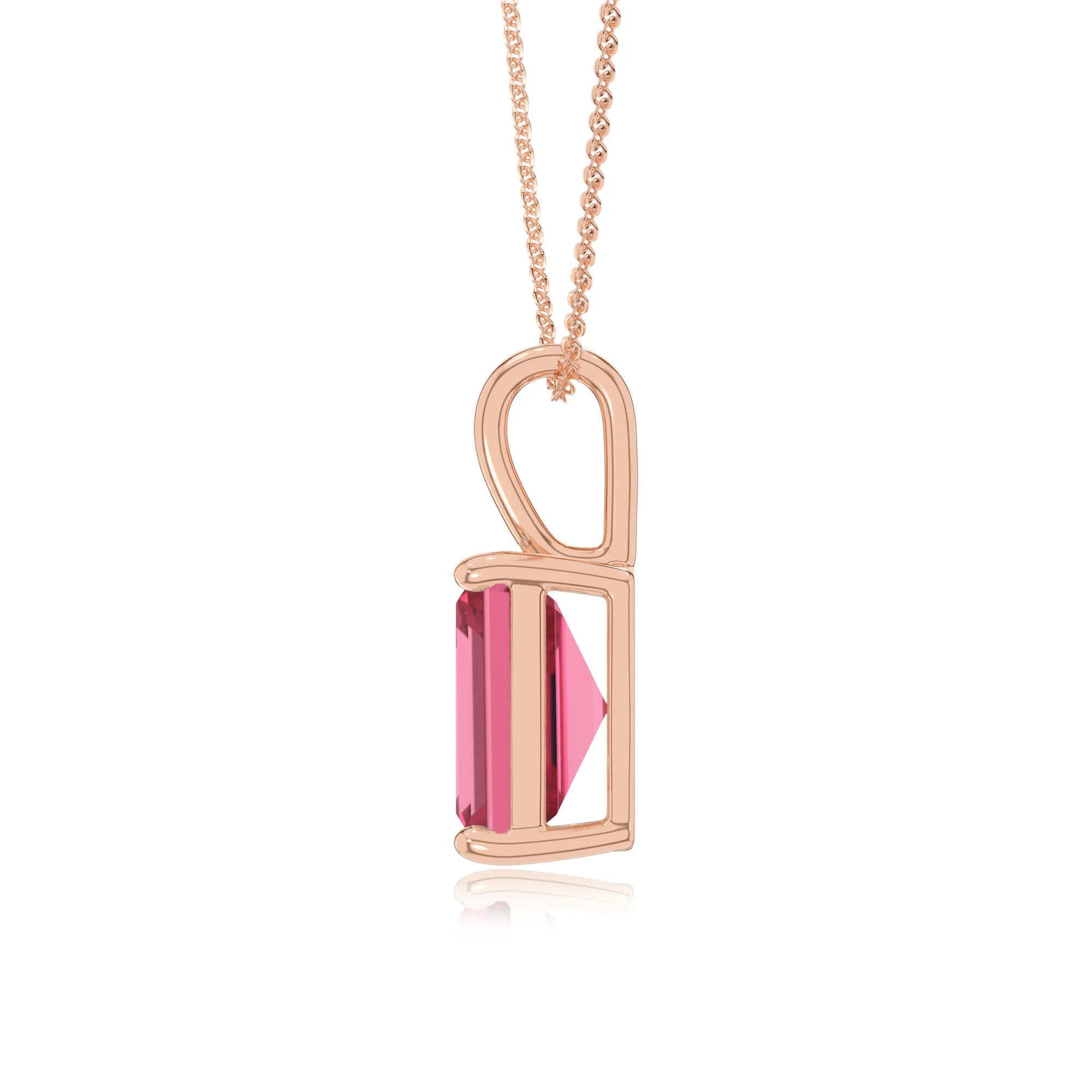 lab grown pink-tourmaline emerald cut solitaire necklaces in rose gold 