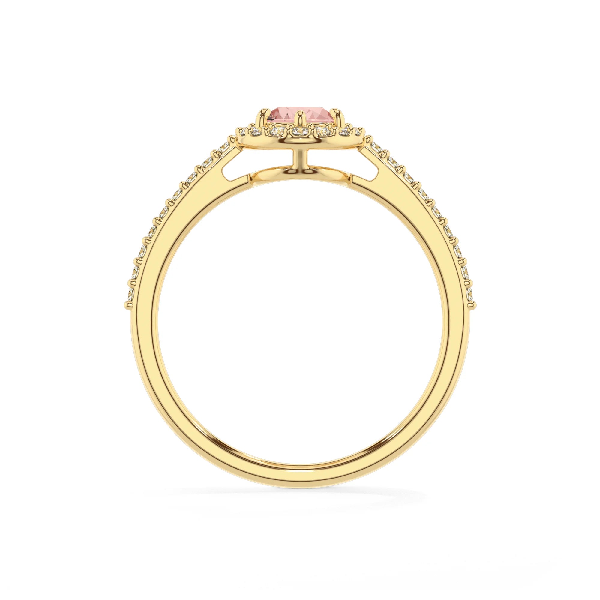 lab grown morganite pear solitaire rings in yellow gold 