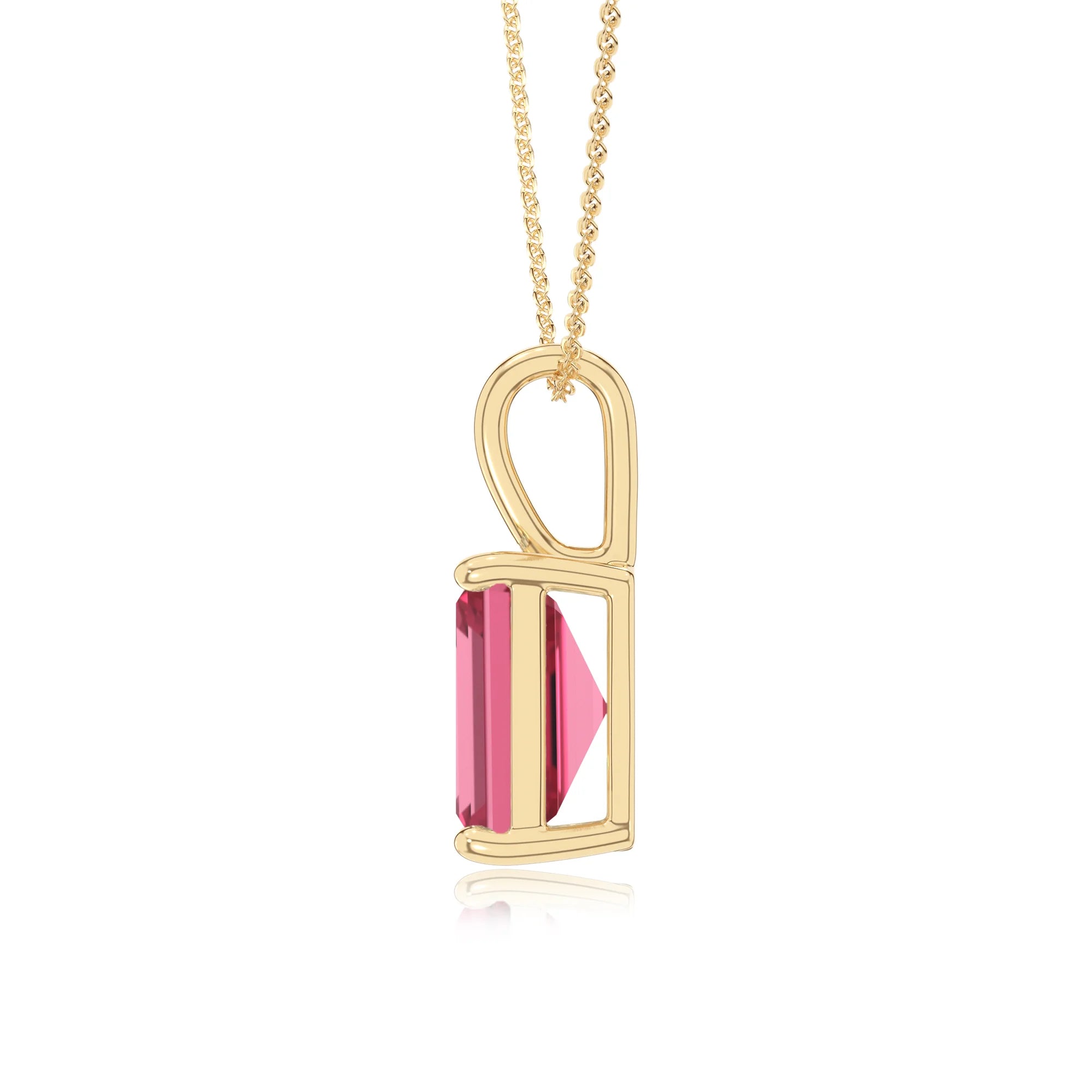 lab grown pink-tourmaline emerald cut solitaire necklaces in yellow gold 