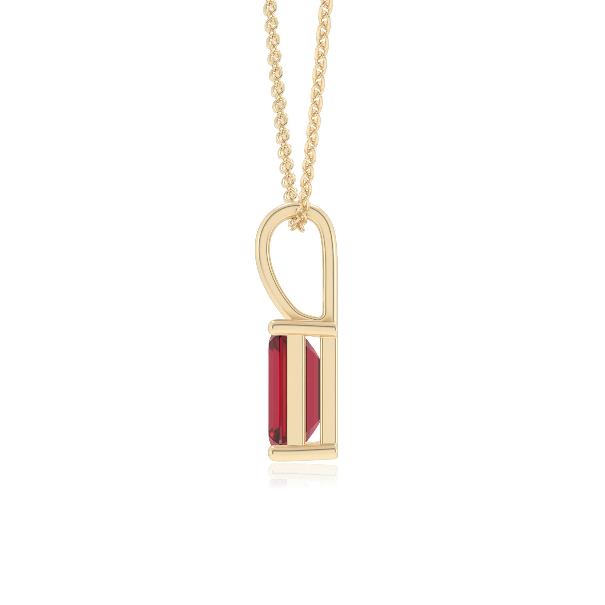 lab grown ruby emerald cut solitaire necklaces in yellow gold 