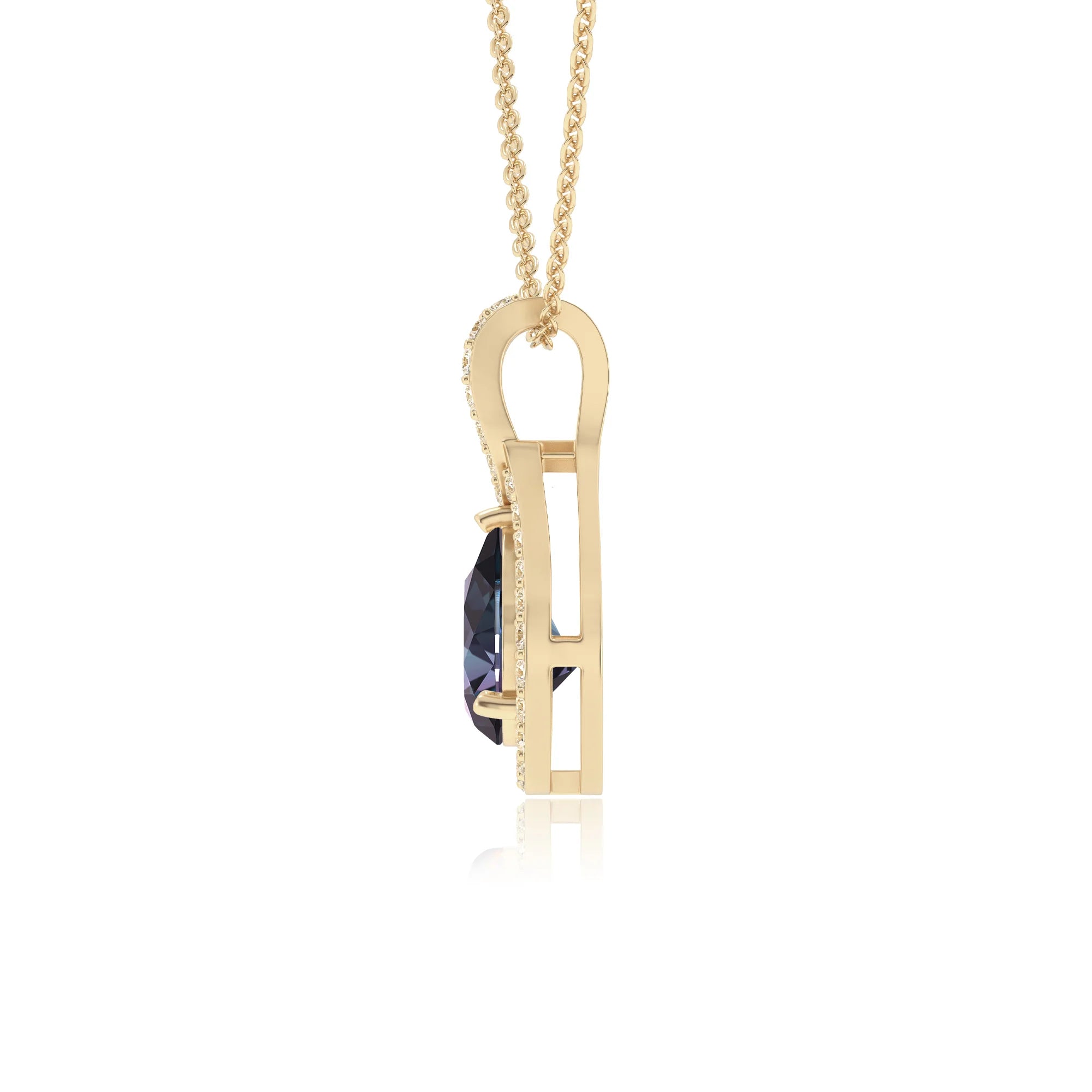 lab grown alexandrite pear solitaire necklaces in yellow gold 