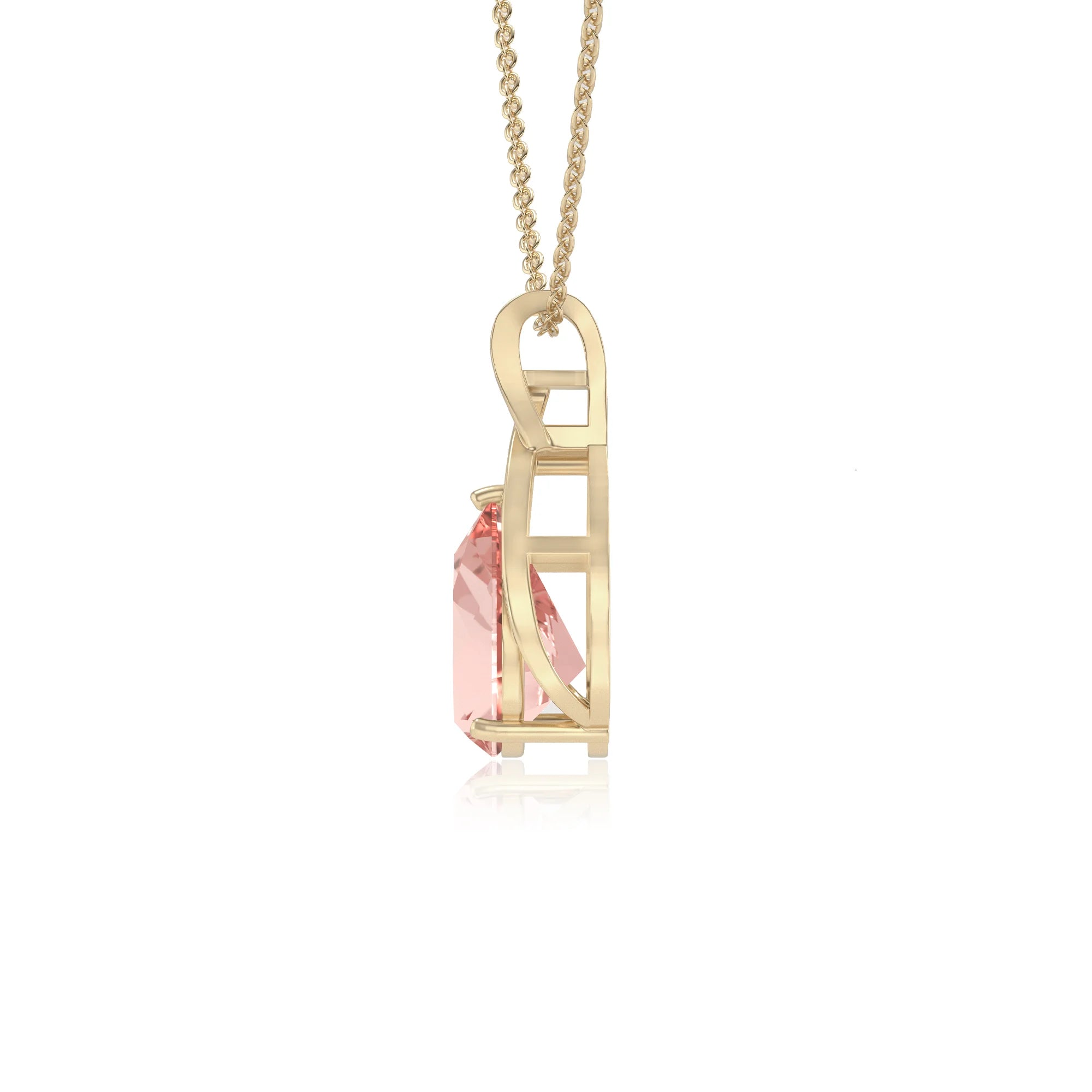 lab grown morganite pear solitaire necklaces in yellow gold 